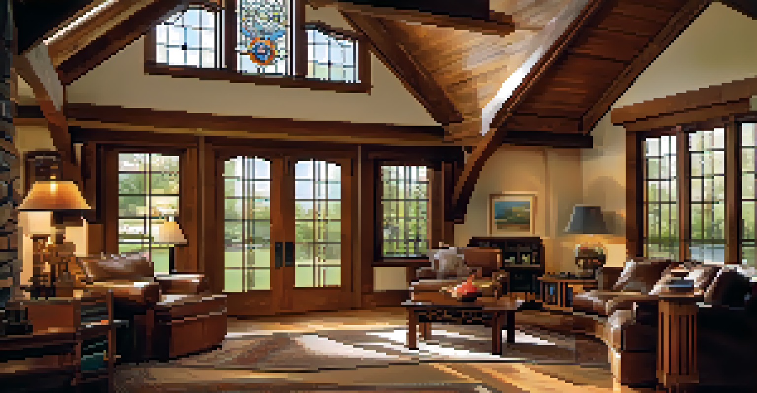An interior of an Arts and Crafts style living room with exposed beams, wooden furniture, and stained glass windows, creating a warm and inviting atmosphere.