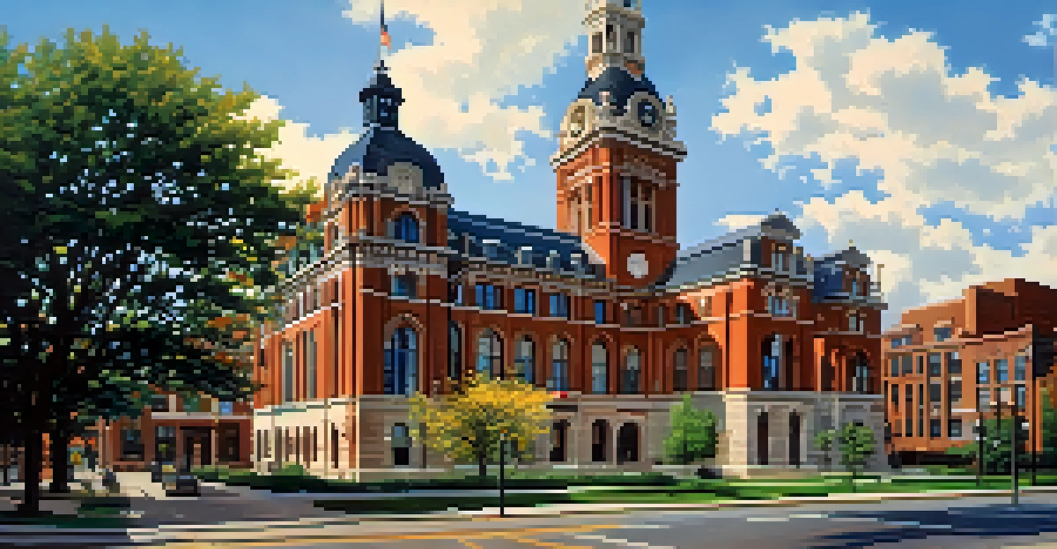 A detailed view of Rochester City Hall featuring its terra cotta details and clock tower, surrounded by blooming flowers under a blue sky.