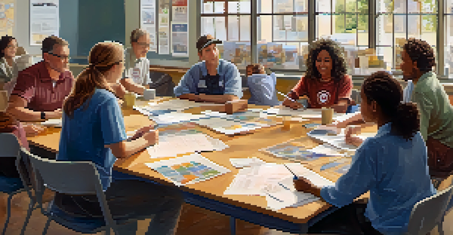 Volunteers engaged in a planning meeting inside a welcoming community center, surrounded by posters about community service and bathed in natural light.