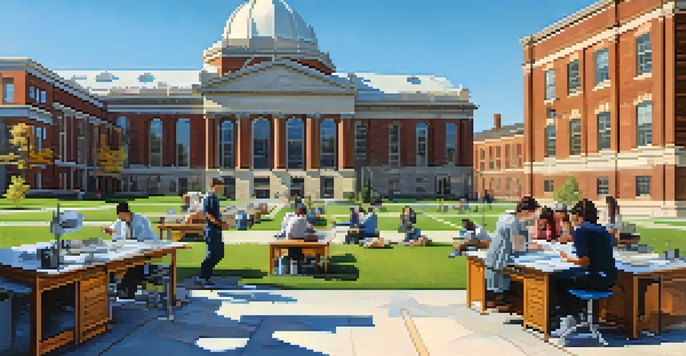 Students of diverse backgrounds collaborating in a research lab at the University of Rochester, with university buildings and a clear sky in the background.