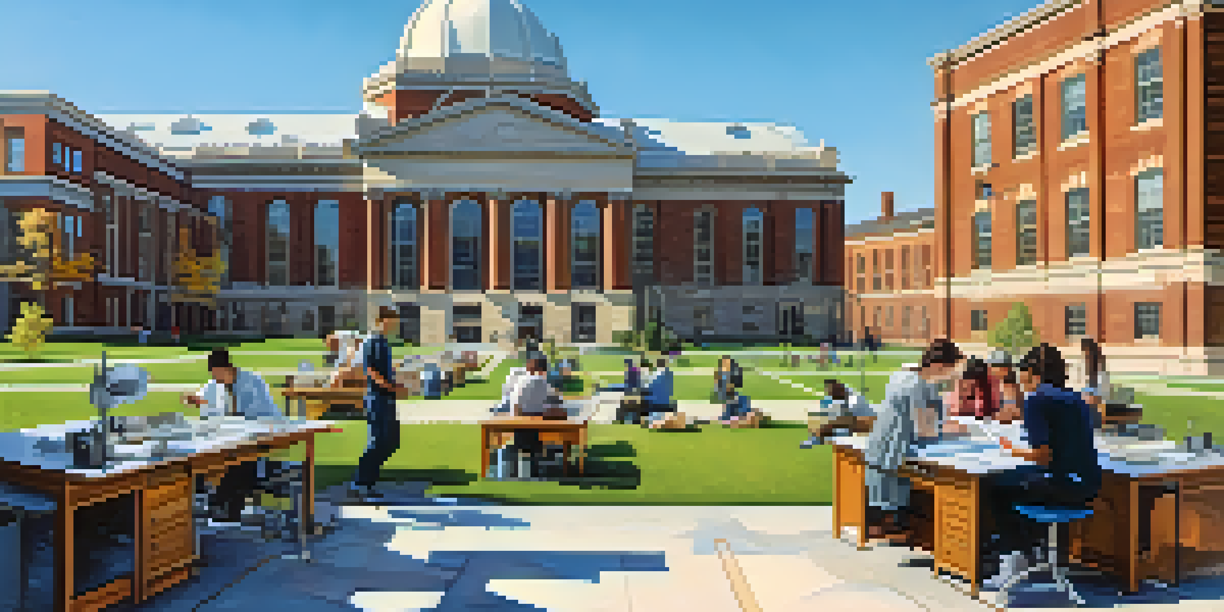 Students of diverse backgrounds collaborating in a research lab at the University of Rochester, with university buildings and a clear sky in the background.