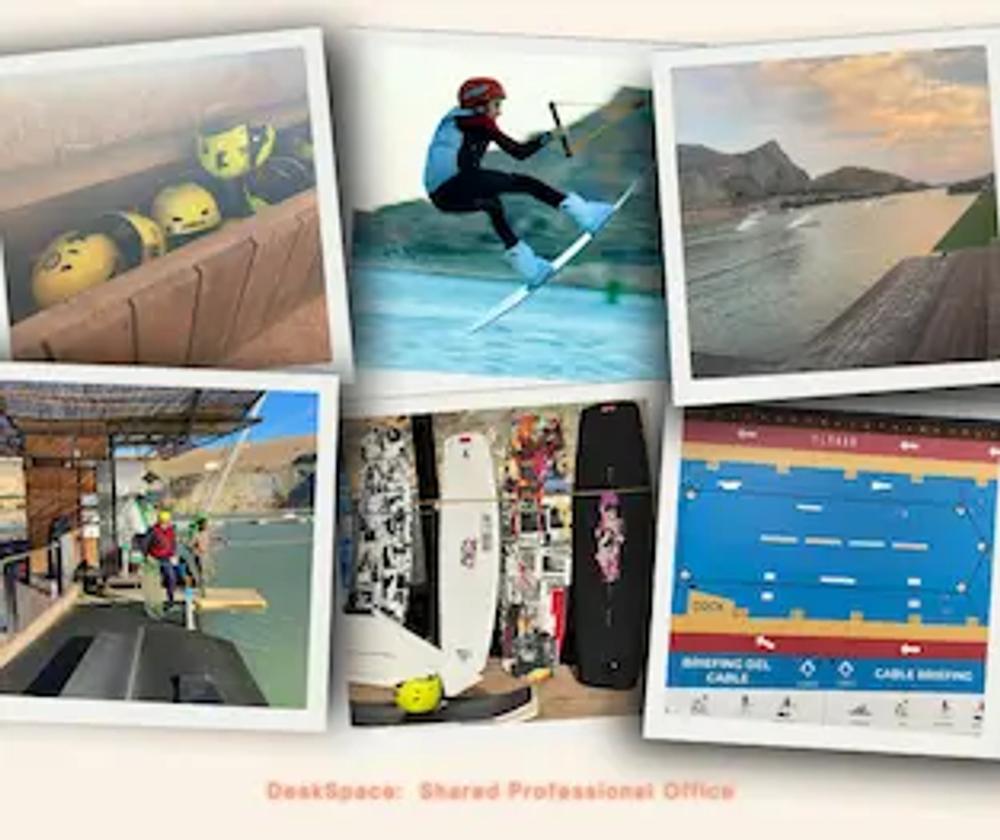 Collage of pictures of Lunar Cable Park. Top row, left to right. Yellow Helmets in the storage box. Girl on a wakeboard. View out over the lake. Bottom row. The dock. Wakeboards standing on end. A picture of the obstacles used for training.