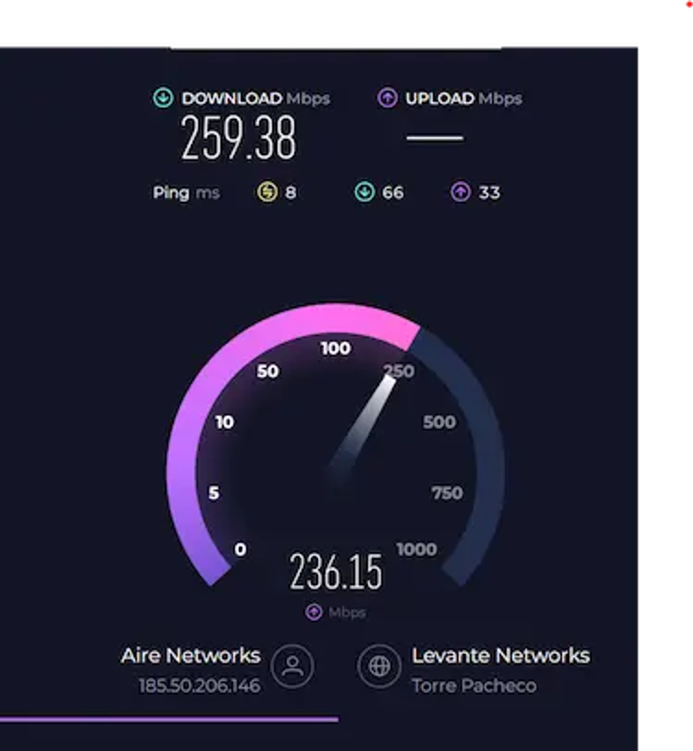 Screen shot image of the speed test of the Internet at DeskSpace Coworking in Mojacar. A pretty impressive download of 259.38