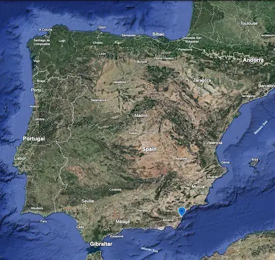 Topographical map of Spain showing Mojacar