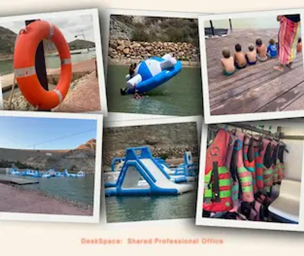 Collage of photos of Lunar Cable park. Mainly Showing the inflatables (blue and white), the lifejackets. A picture of a life ring and the backs of boys sitting on the dock.