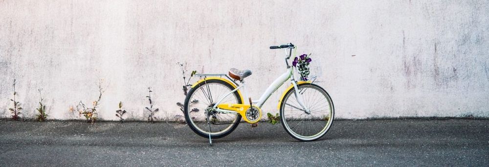Yellow and white ladies bike with flowers in the front basket on grey tarmac against a white wall needing painting - with wild flowers growing from the crack between road and wall.