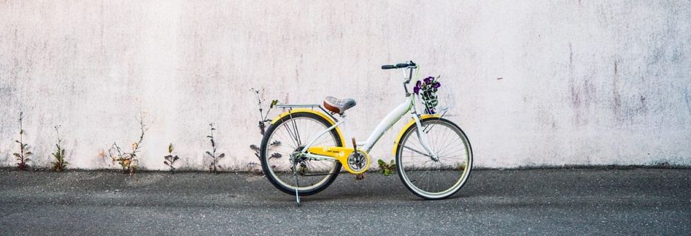 Yellow and white ladies bike with flowers in the front basket on grey tarmac against a white wall needing painting - with wild flowers growing from the crack between road and wall.