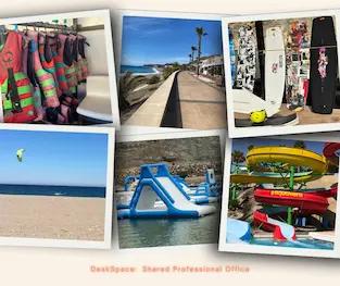 Collage of images. Life jackets, paseo, wakeboards, kitesurfer, inflatables at Lunar Cable Park and AquaVera slides
