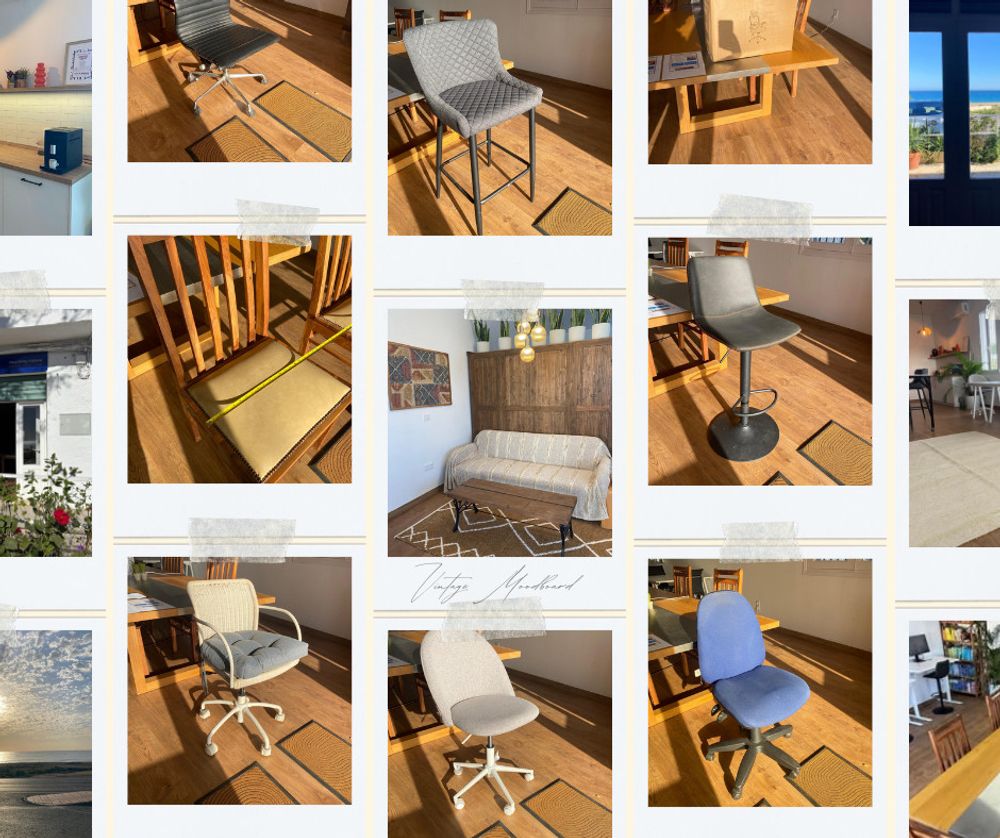 A collage of pictures polaroid style showing some of the different chairs available at DeskSpace