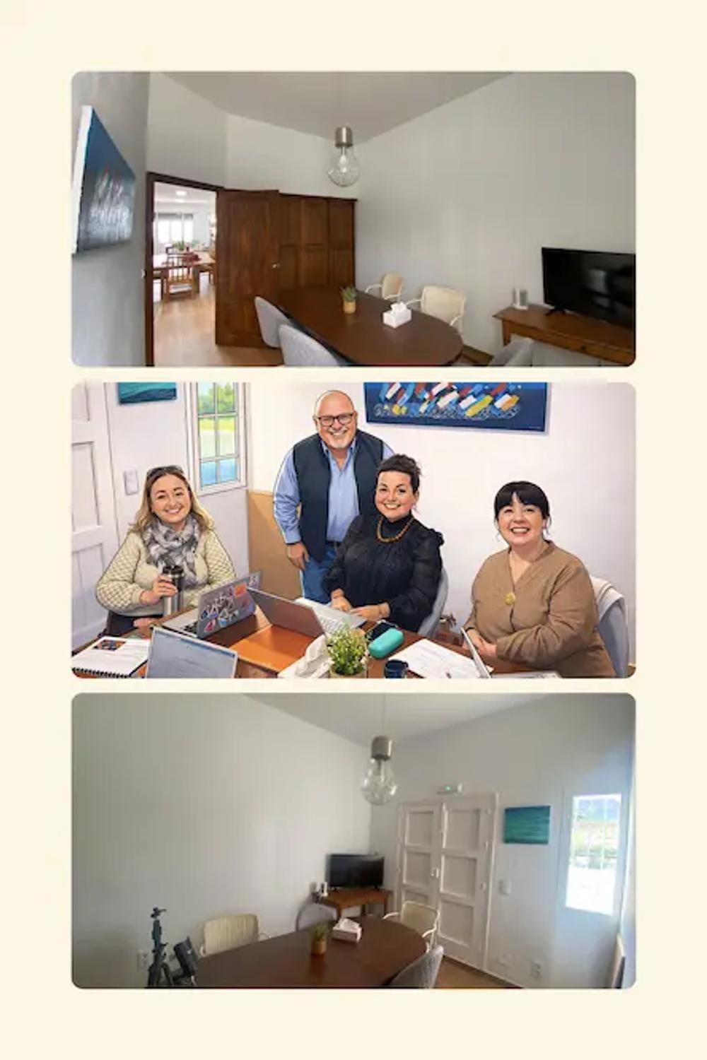 Three images in one that is vertically stacked. Top image is looking out of a meeting room, showing table and chairs. The bottom image is the reverse view - looking into the same room. The middle image is AI generated based from a real photo of people using the room.