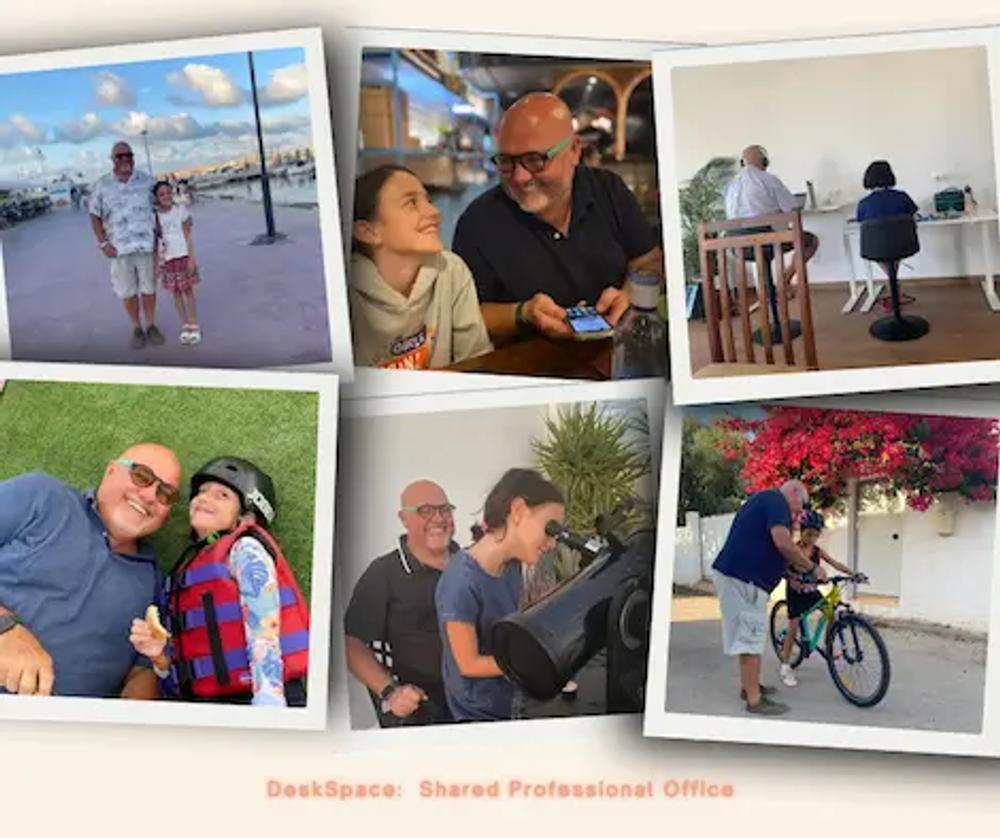 Collage of six photos of DeskSpace founder Angus Lyon with his daughter