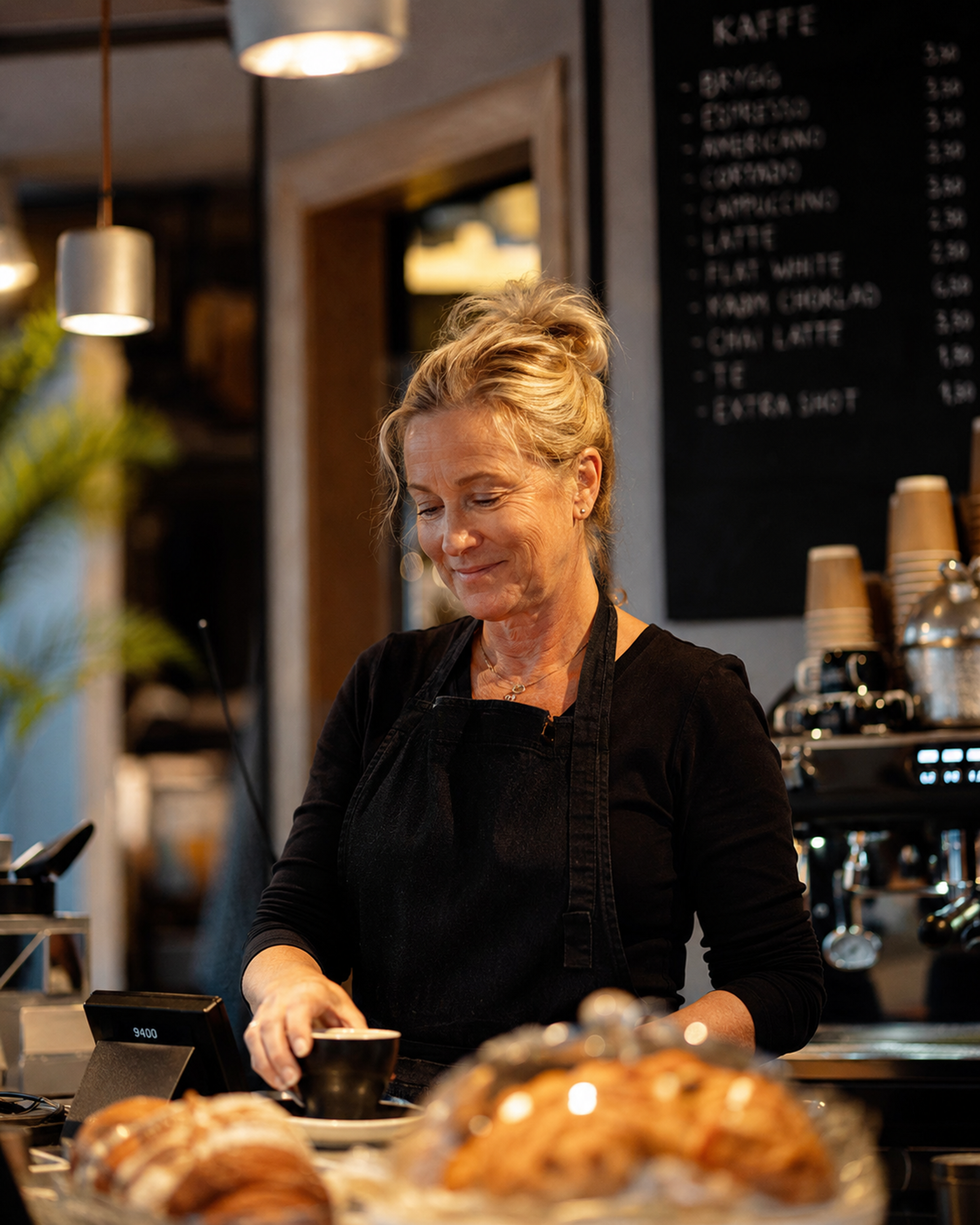Medålders kvinna på café