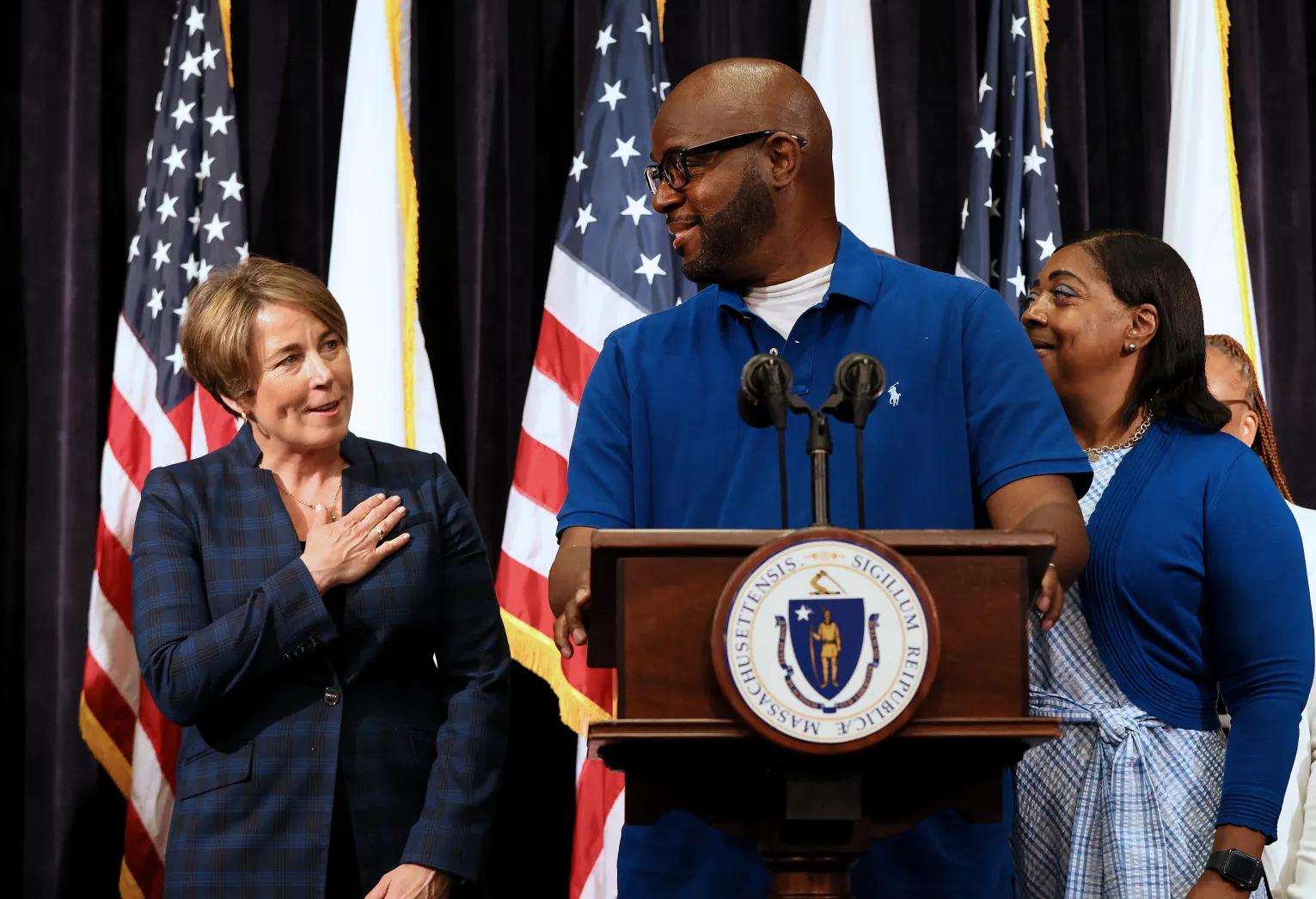 Terrance Williams at his pardon announcement in 2023. (Nancy Lane/Boston Herald)