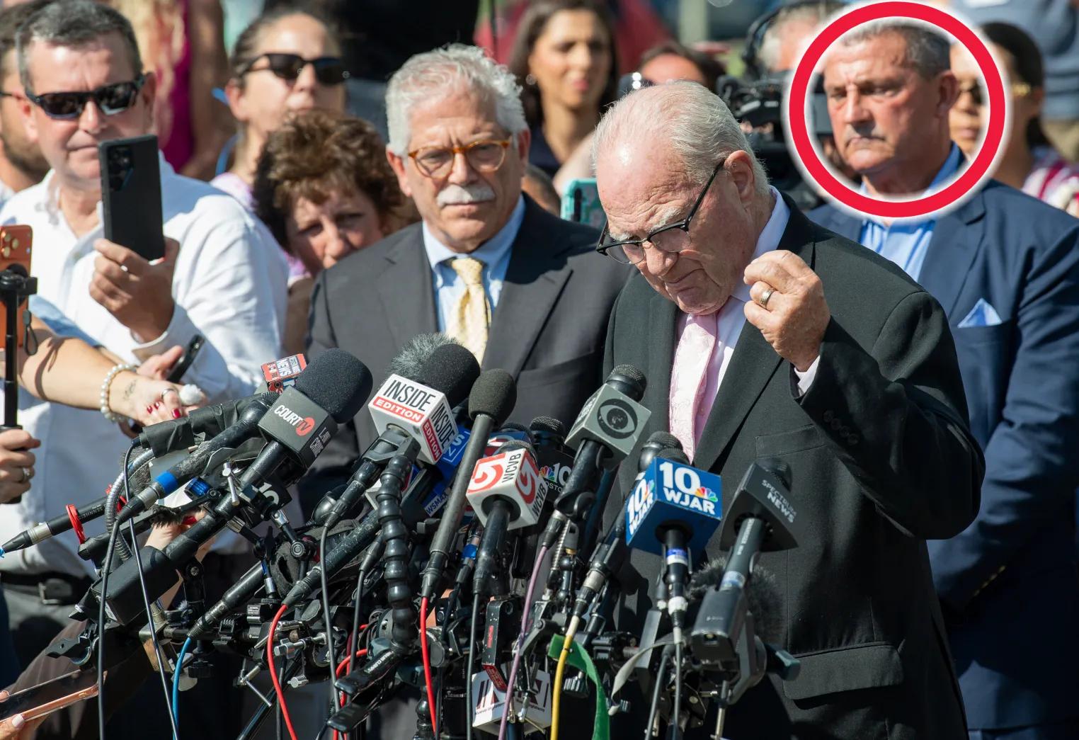 Kevin Reddington, attorney for Lindsay Clancy, talks to the media after a mistrial was declared in Clancy’s murder trial as a result of a hung jury at Plymouth Superior Court. Circled in red is his friend, Paul Moccia. (Amanda Sabga/Boston Herald)