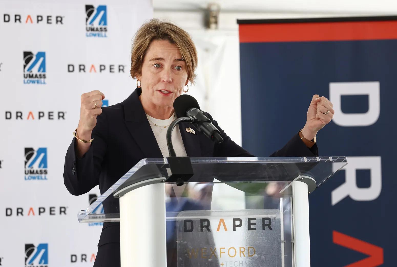 Lowell, MA -Gov. Maura Healey attends a groundbreaking for he Draper Impact Center. (Nancy Lane/Boston Herald)