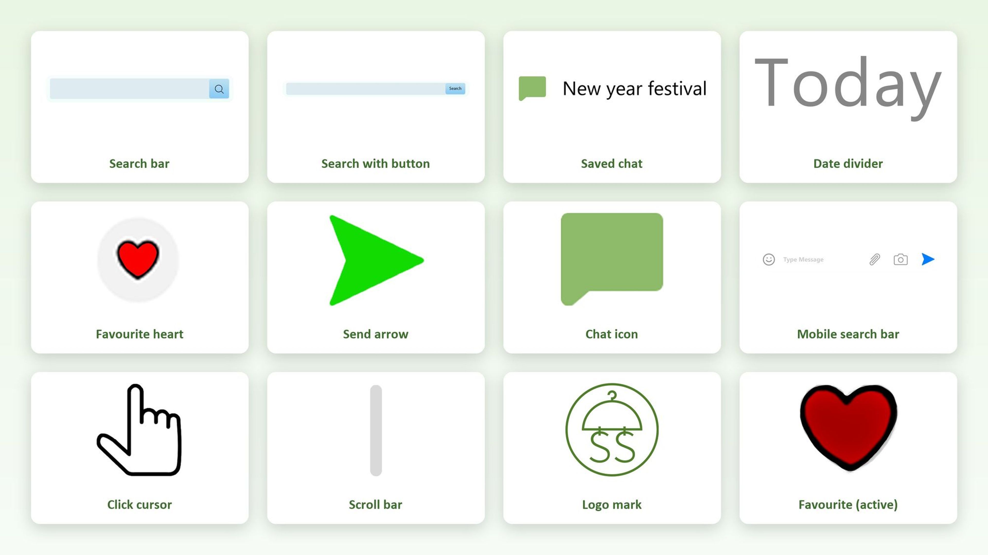 Building blocks of the simulation: search bars, chat chips, icons, message box and logo drawn as separate elements