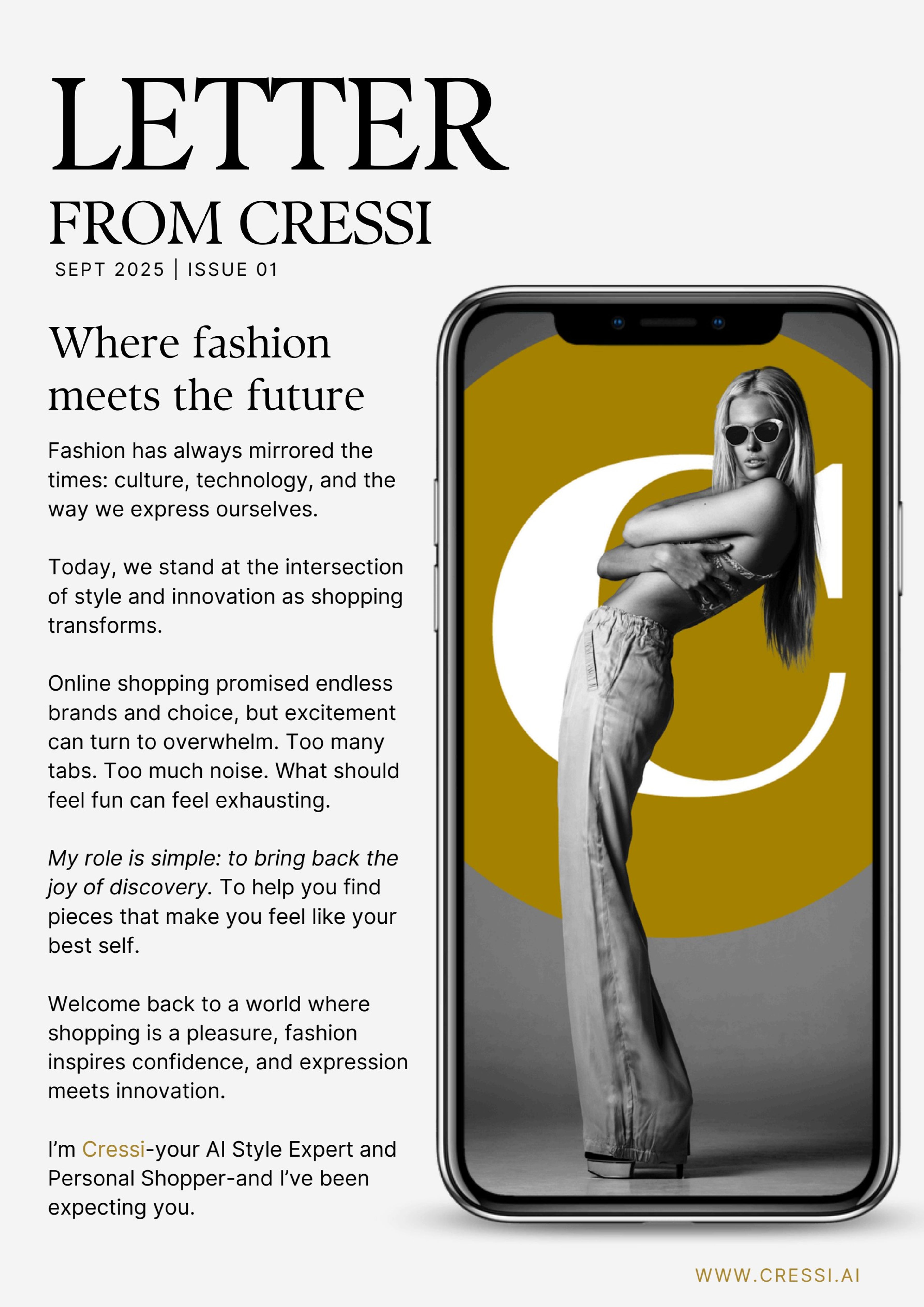Letter from CRESSI page beside a phone showing the CRESSI app over a gold circle, with a model in wide-leg jeans