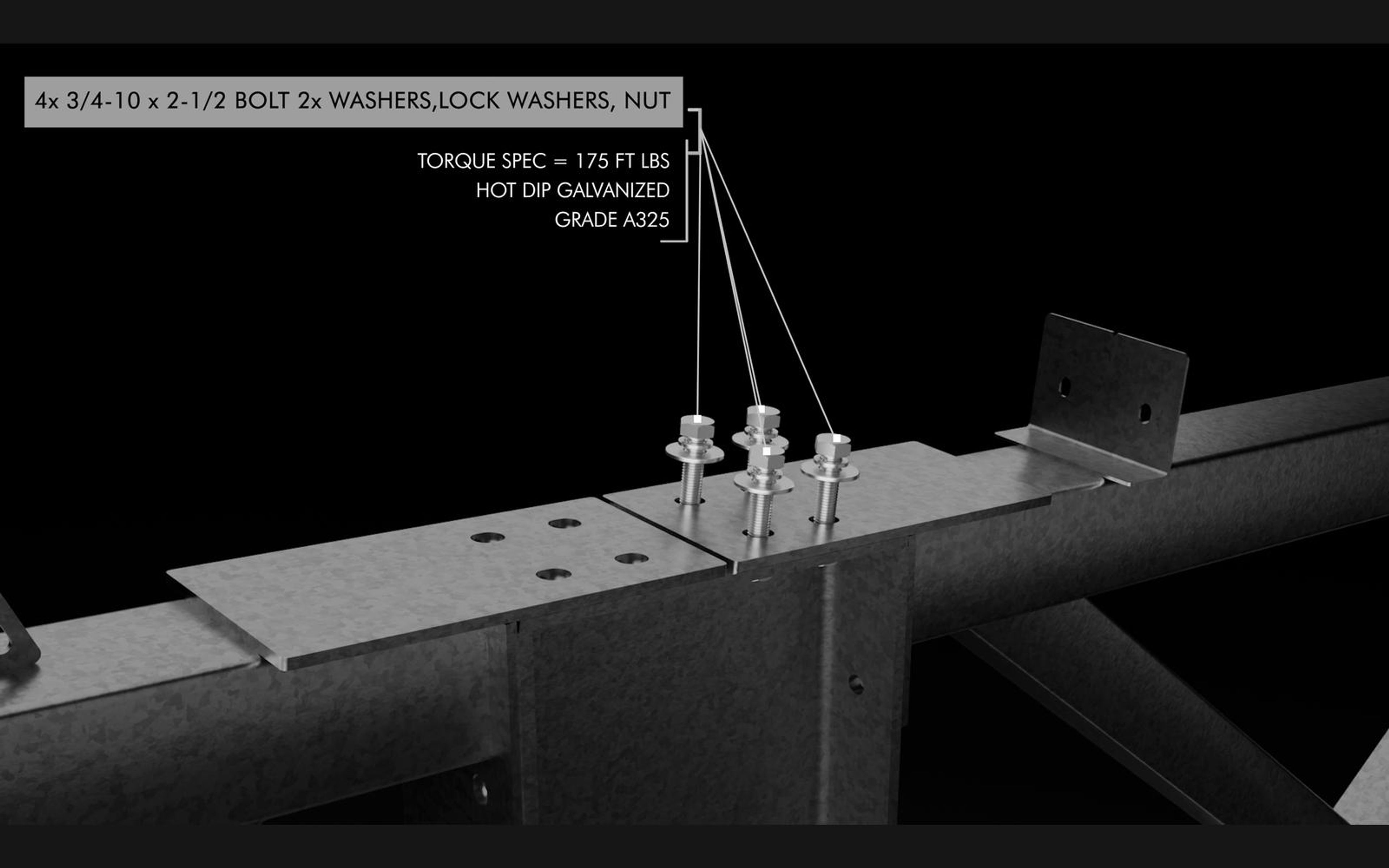 Callout listing bolts and torque specification at a truss joint