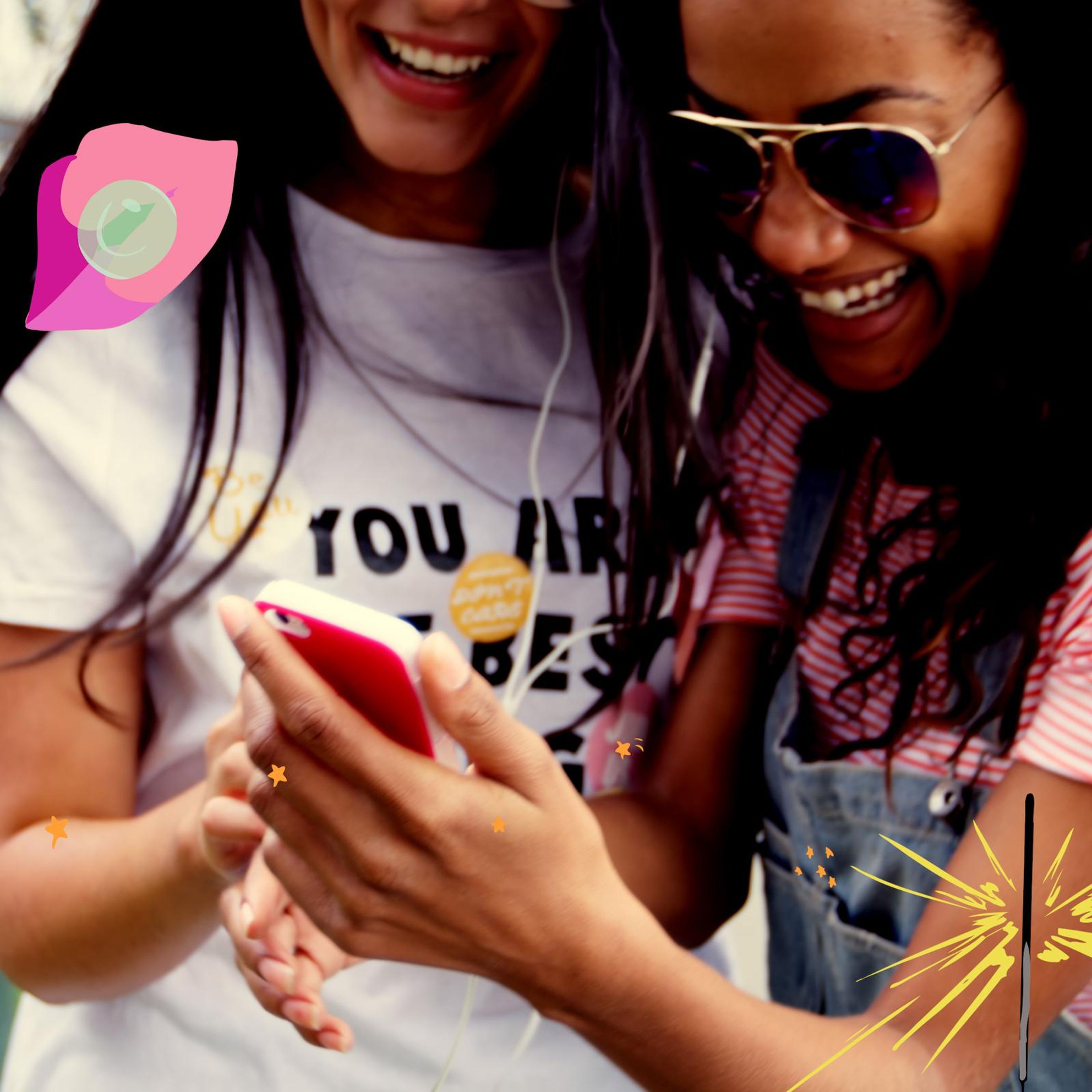 Square frame of two women laughing over a phone with an animated burst of stars