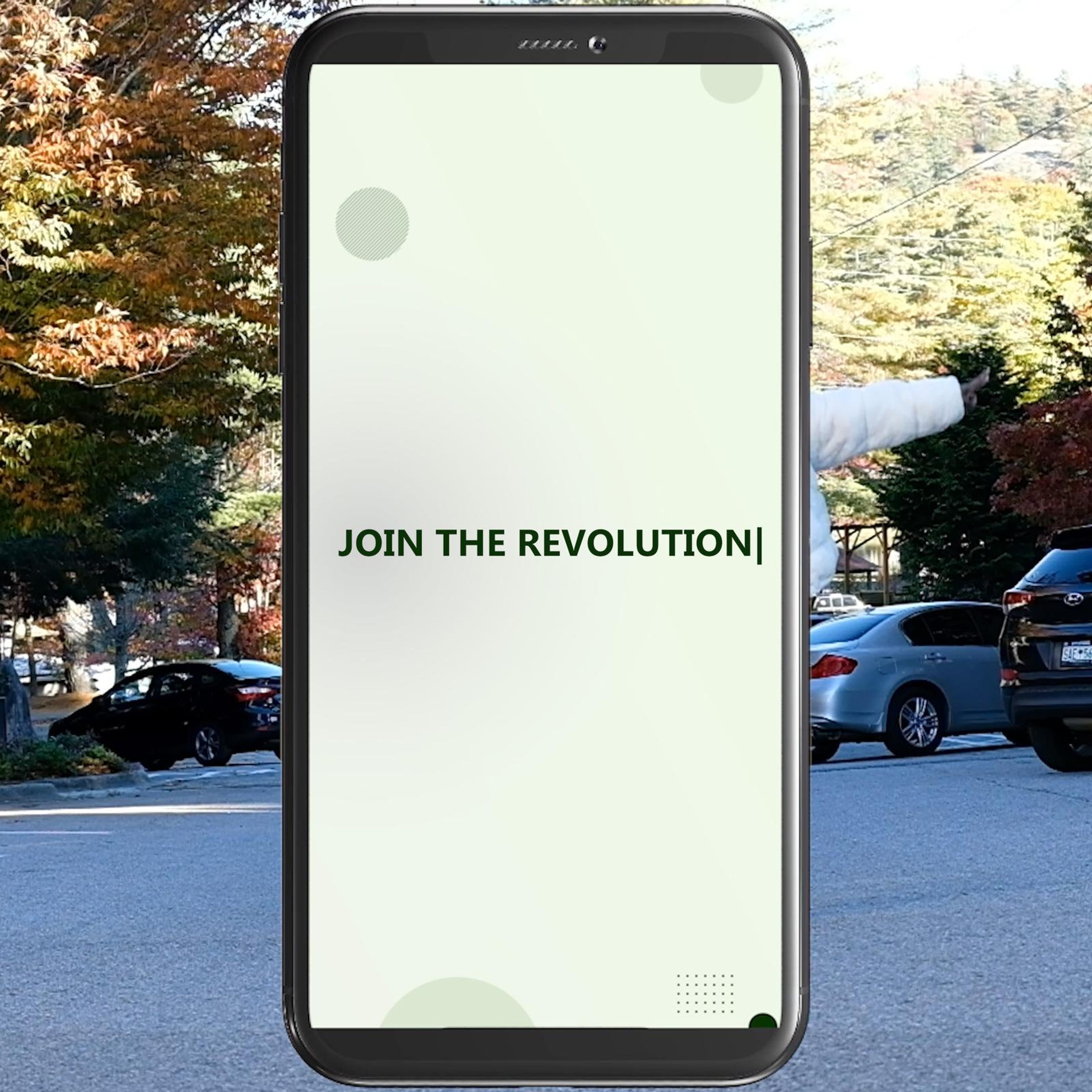 Square frame of a phone with the text Join The Revolution