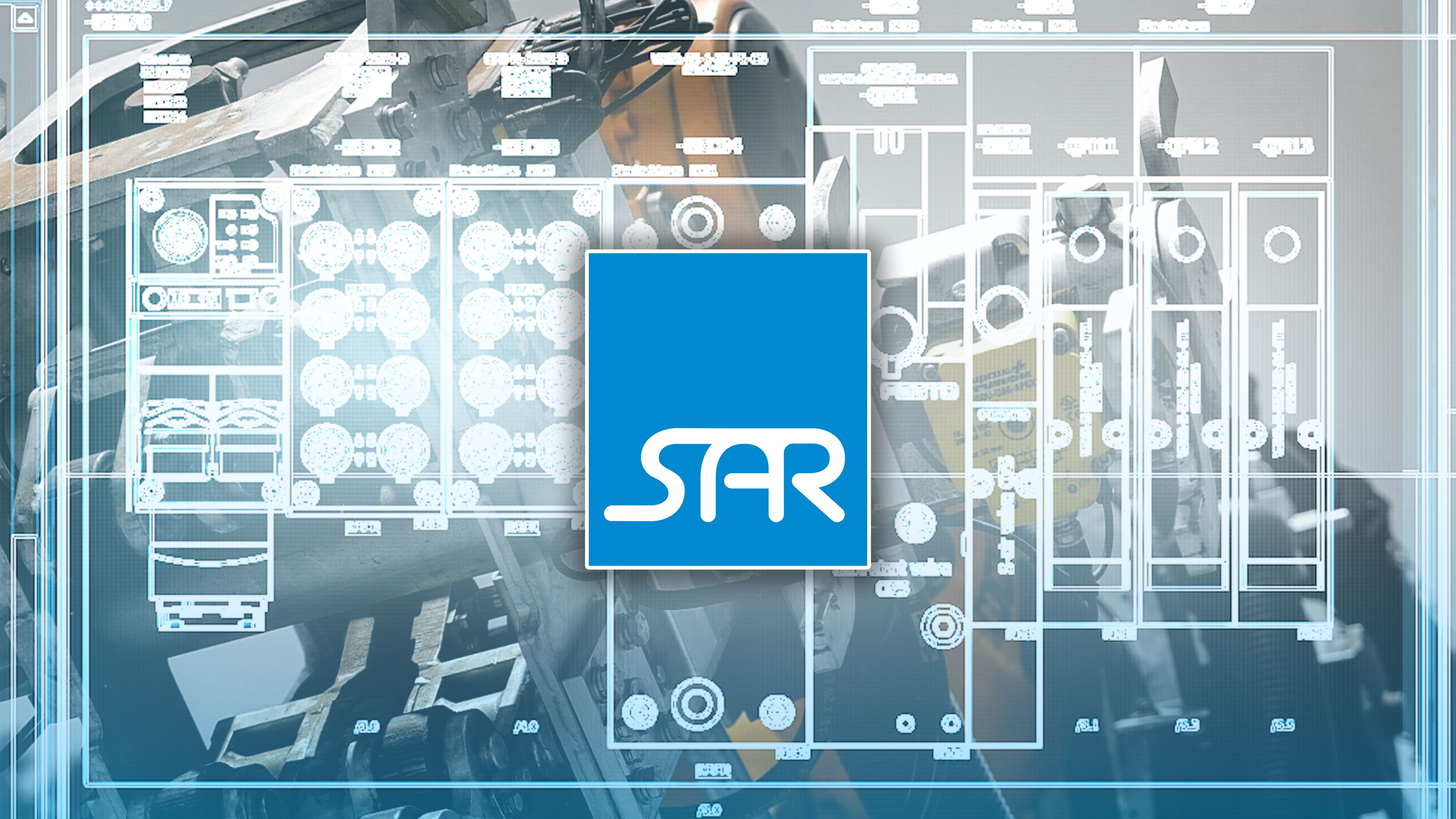 SAR logo overlaid on blueprint schematics of an electrical control panel, with an industrial robotic arm visible in the background, promotional graphic for the SAR Company Promo Video project