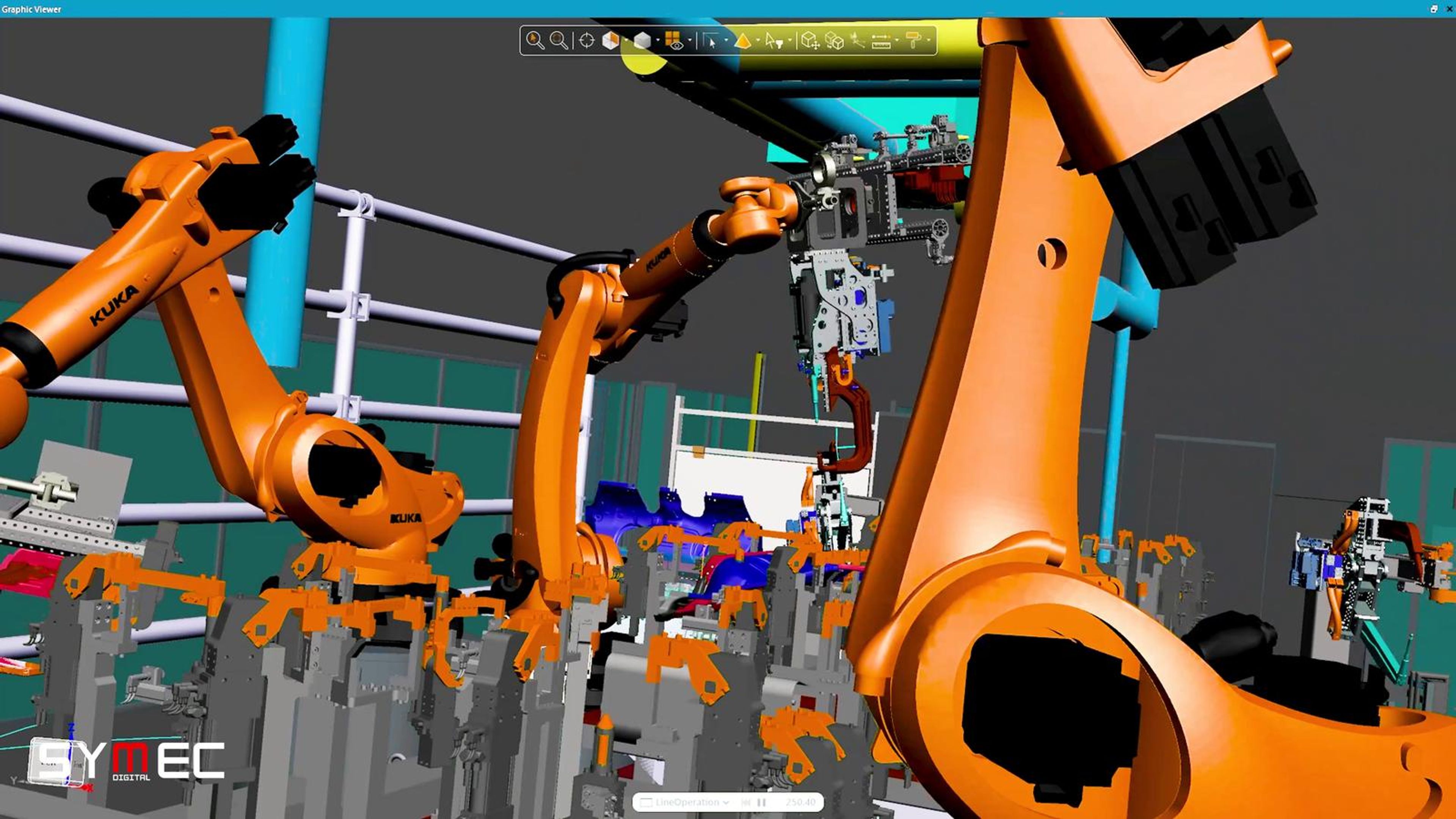 Close view of a KUKA robot arm in simulation
