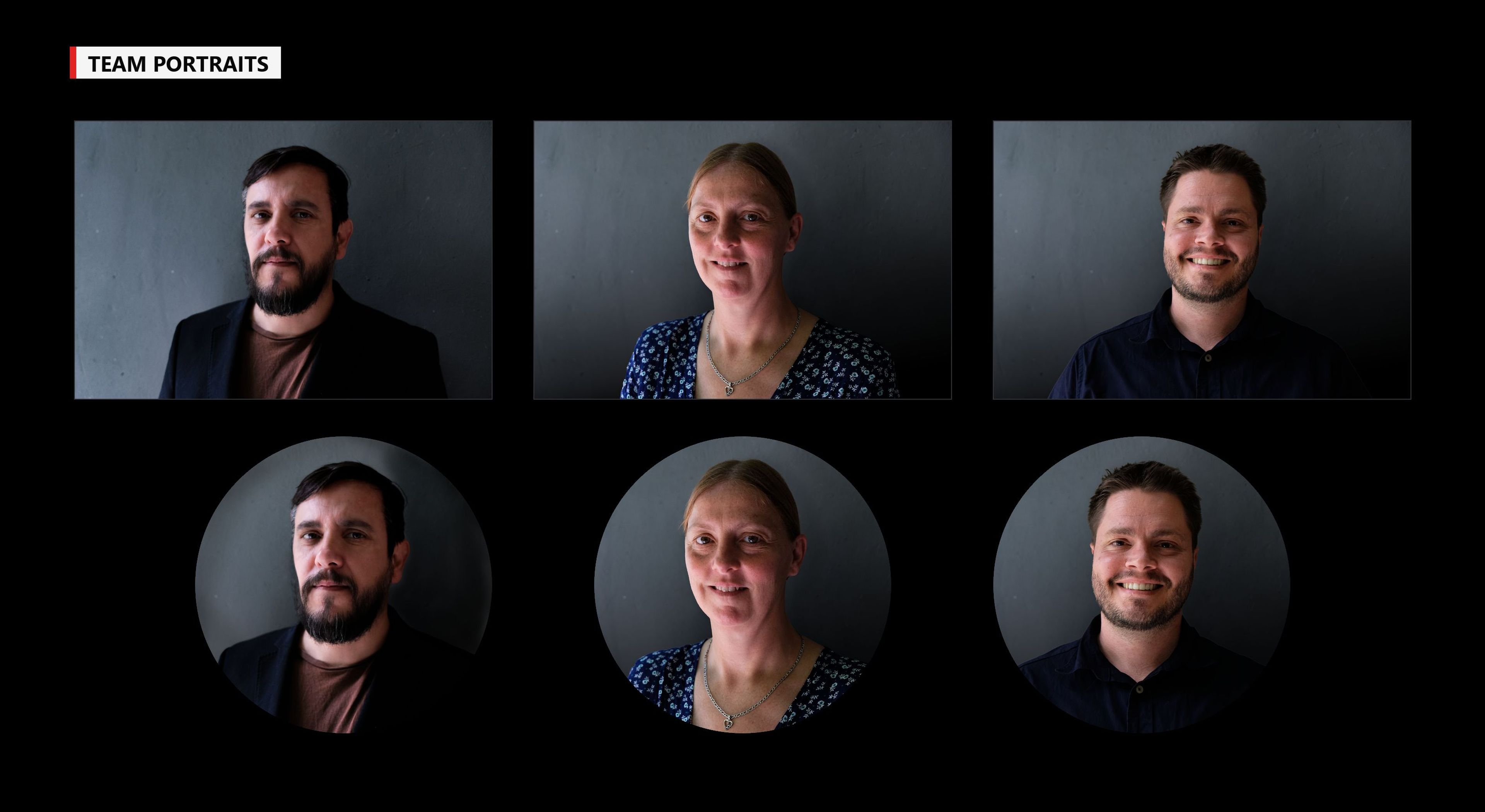 Portraits of three Symec Digital team members, square and round profile versions