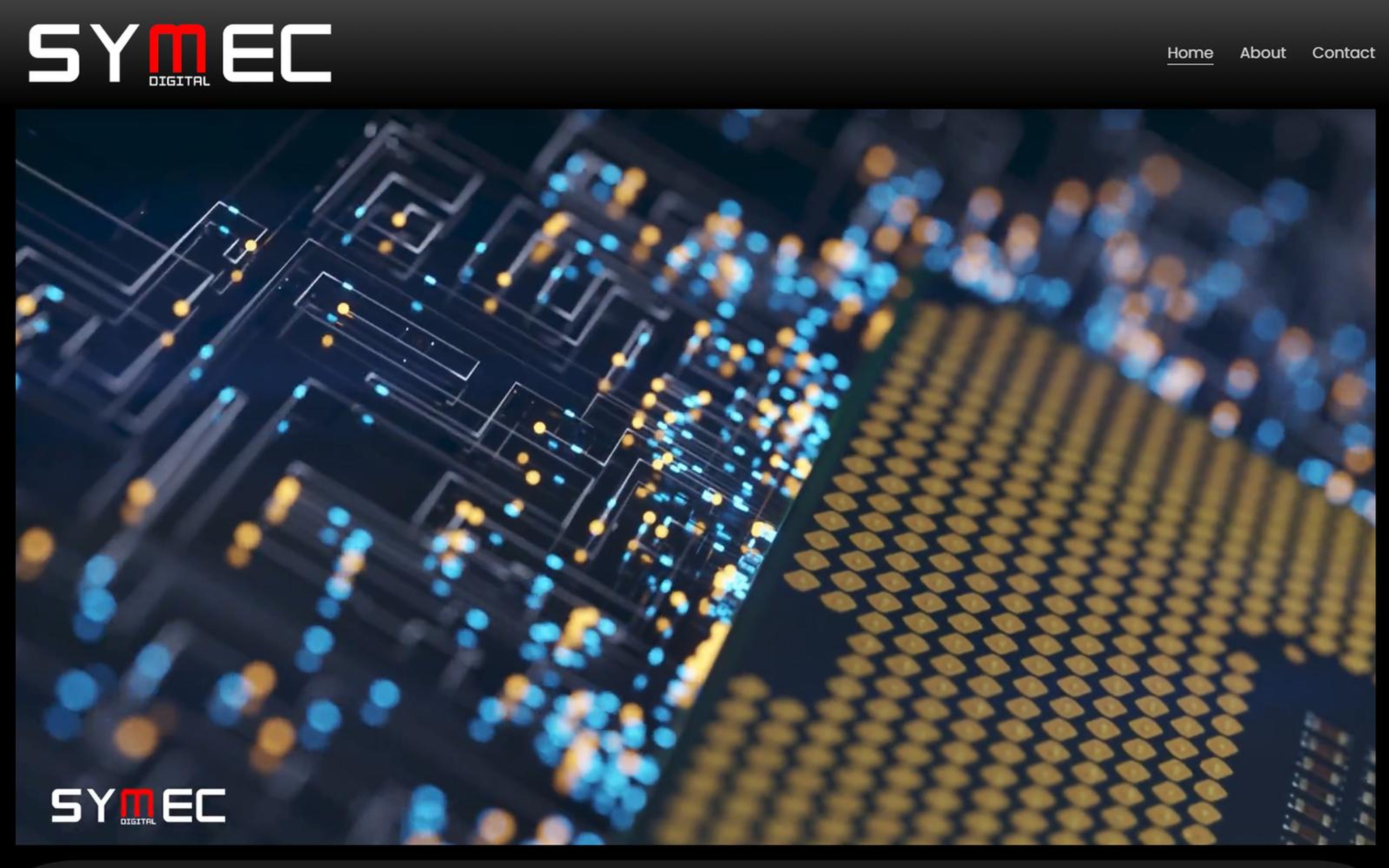 Home page hero with the glowing circuit board video, the Symec logo and the navigation