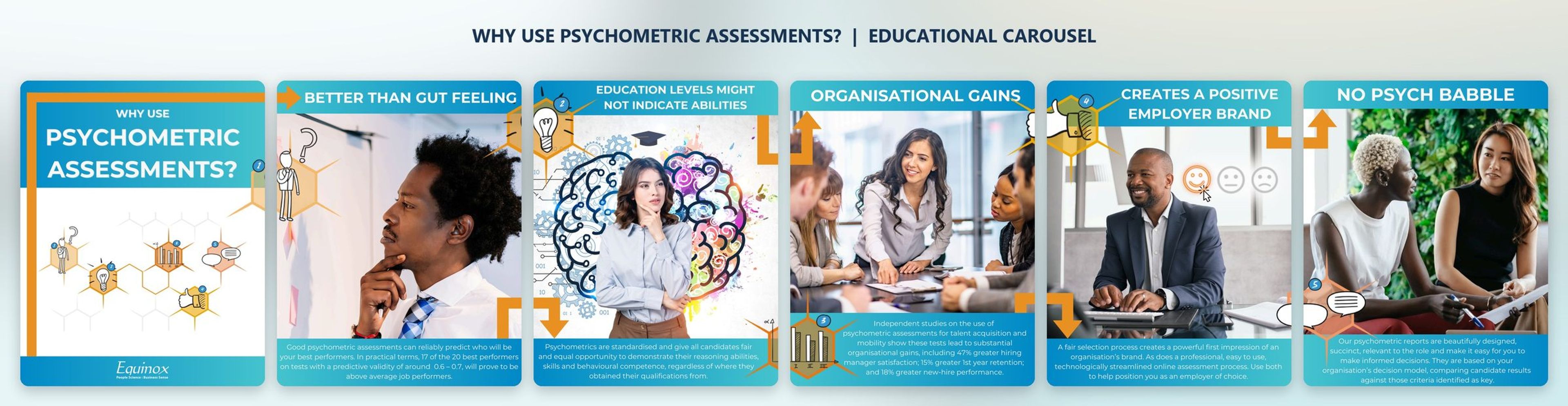 Six slides of the Why Use Psychometric Assessments educational carousel