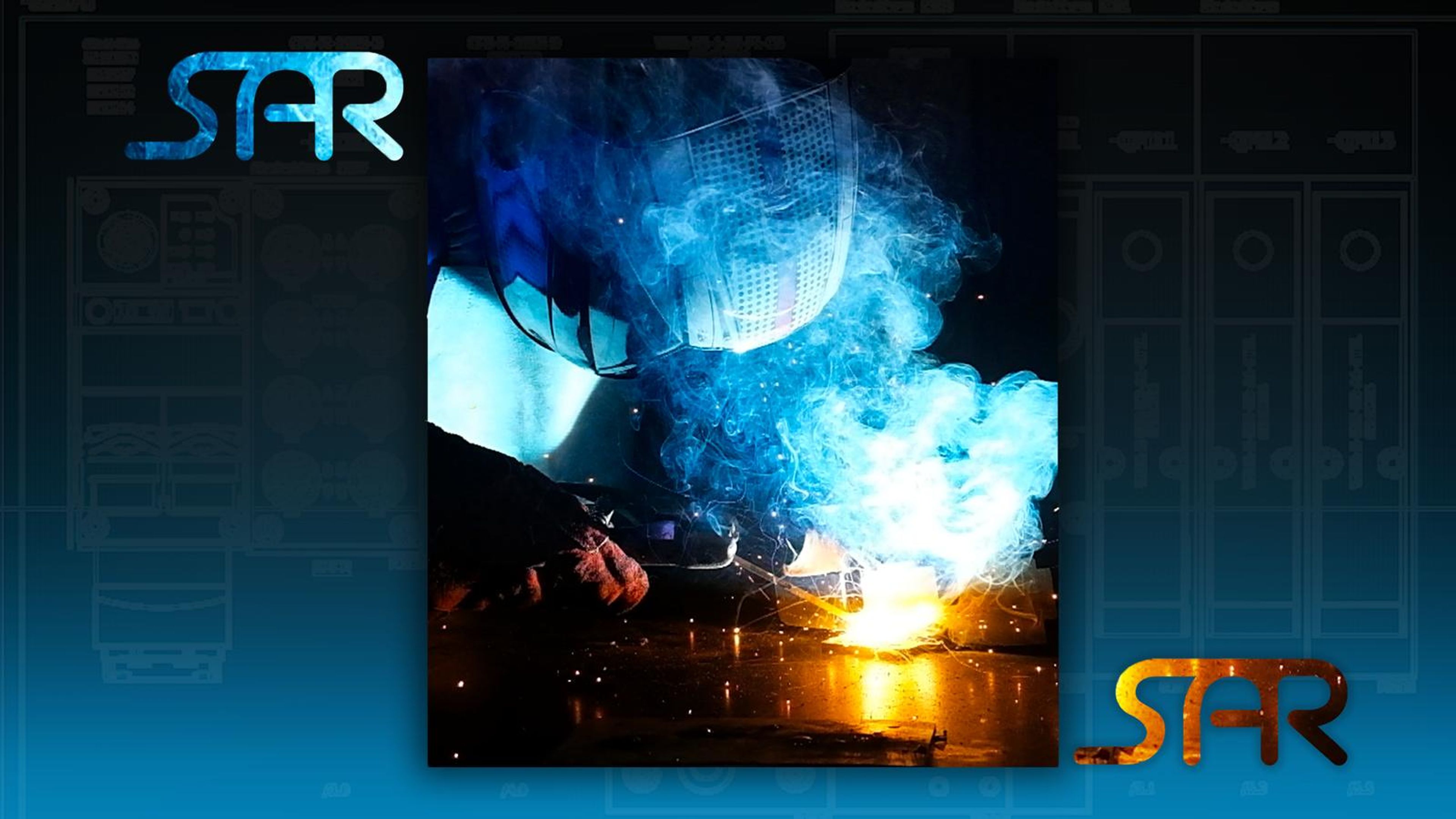 Welding arc framed on a blue gradient with a cyan SAR logo and a faint panel drawing behind