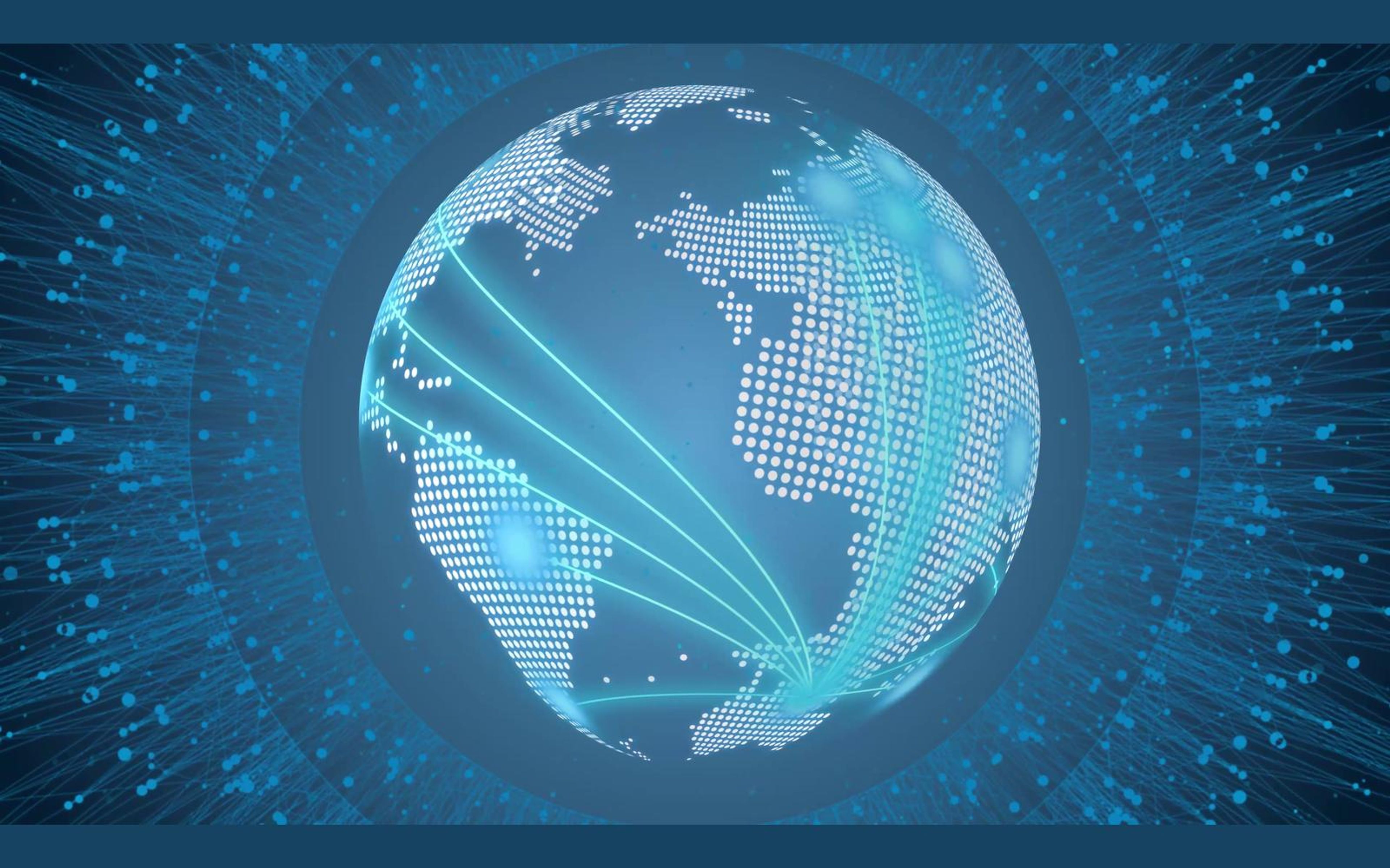 Glowing dot-matrix globe turning with light streams linking continents
