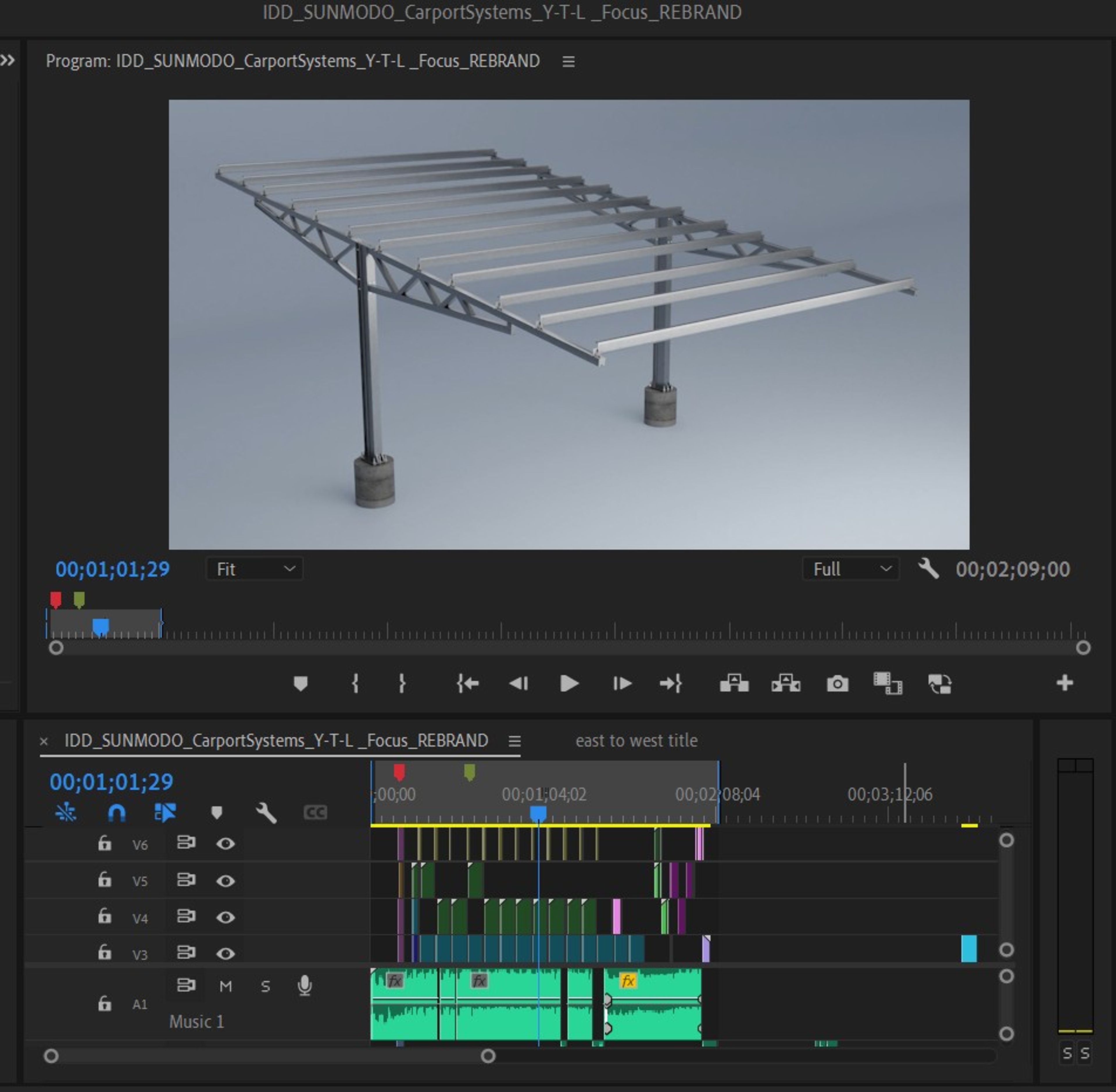 Premiere Pro timeline for the Sunmodo video at the east to west title, with the 3D carport render above the layered callout and music tracks