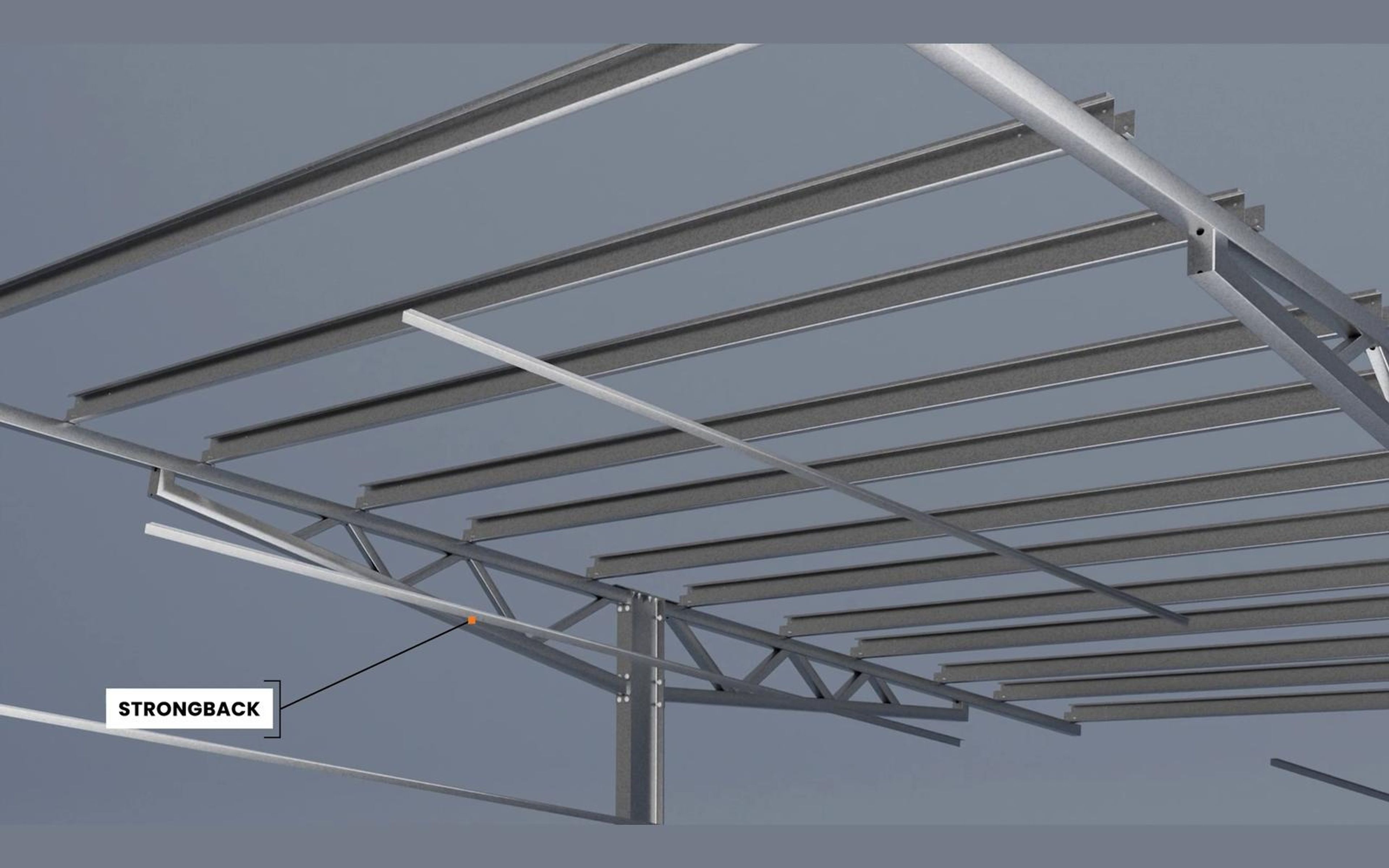 Callout naming the strongback attachment at a canopy joint