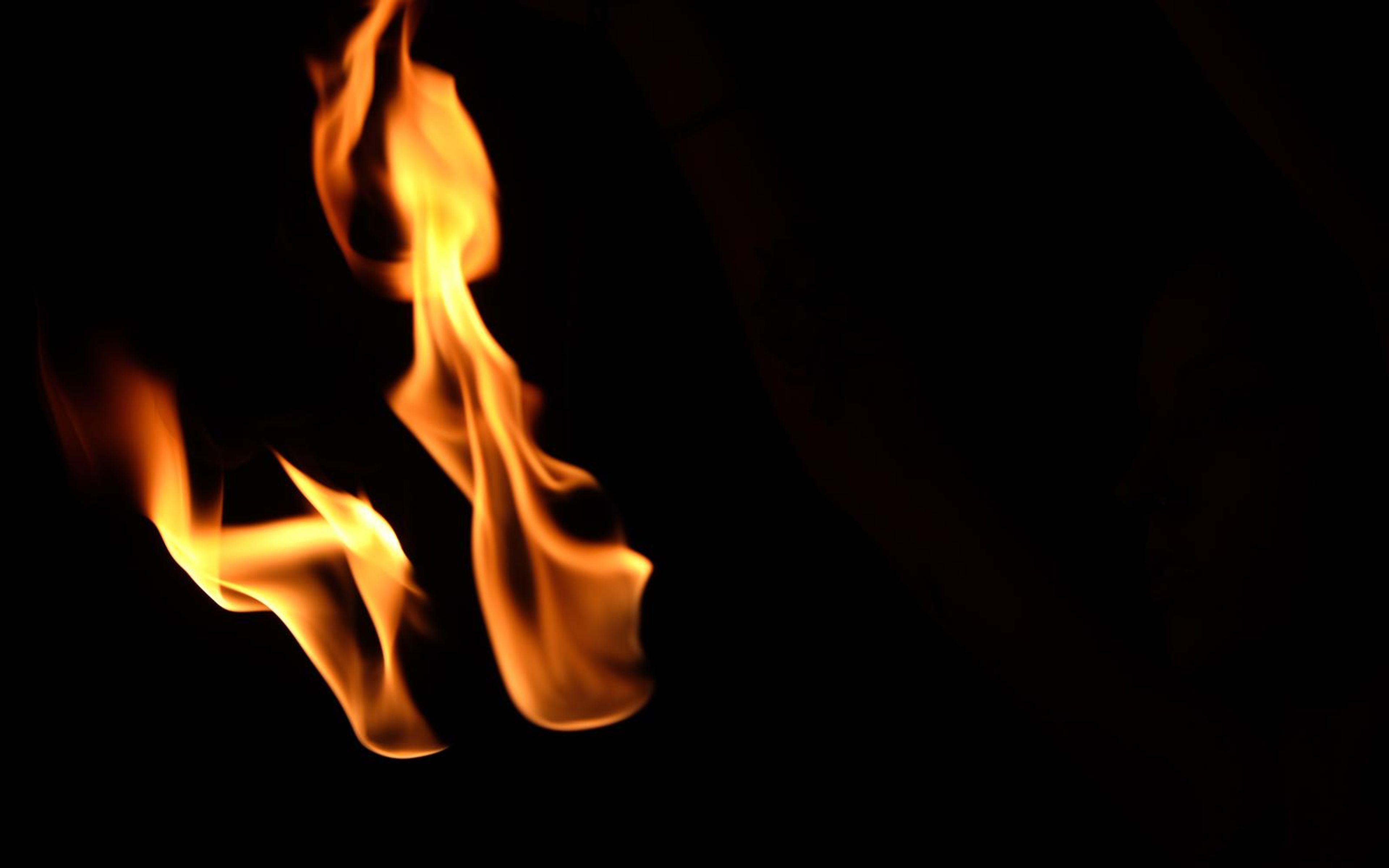 Two flames at left, one tall and narrow rising beside a smaller one, on a black background
