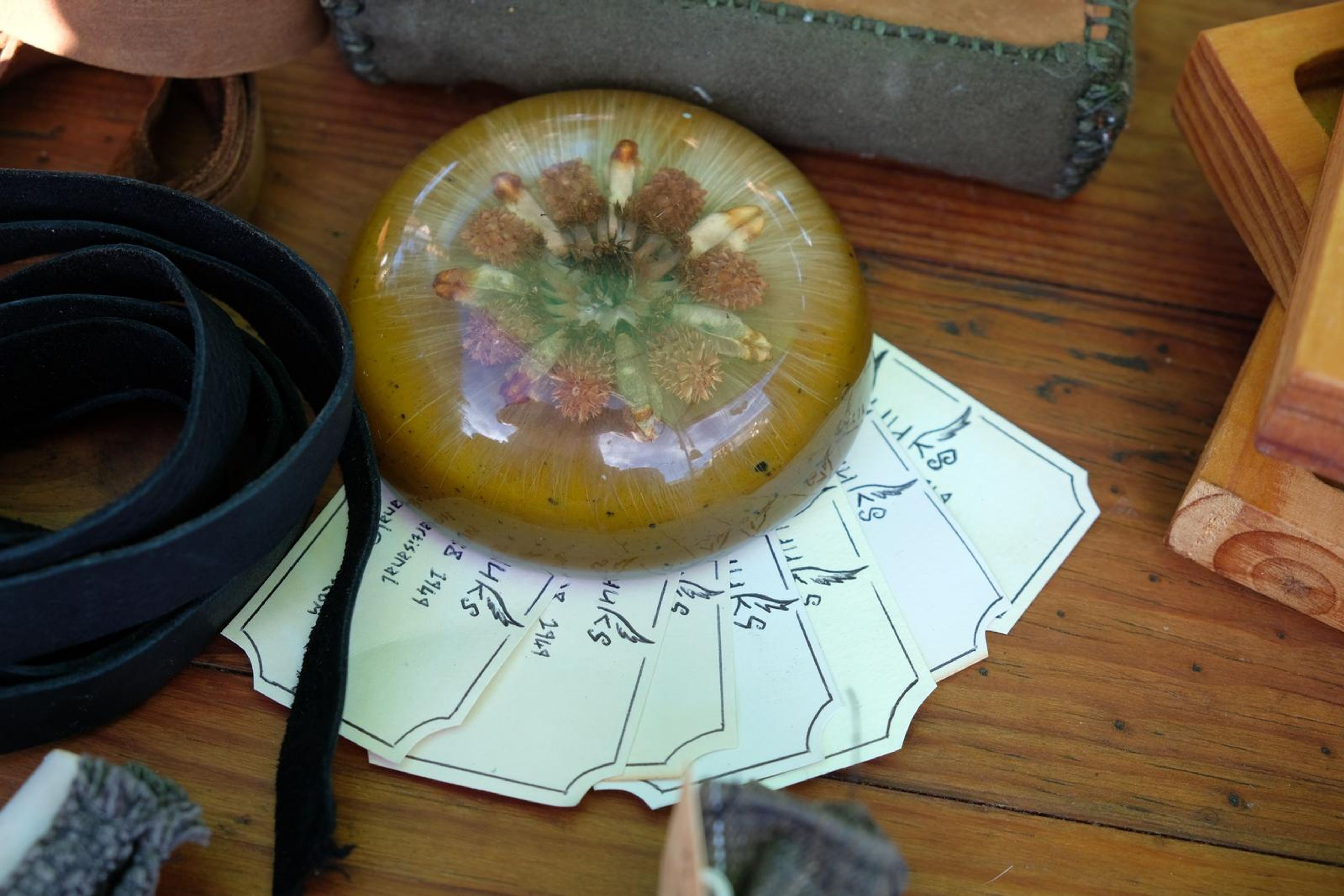 Resin dome with a dried flower set on a fan of handwritten cards