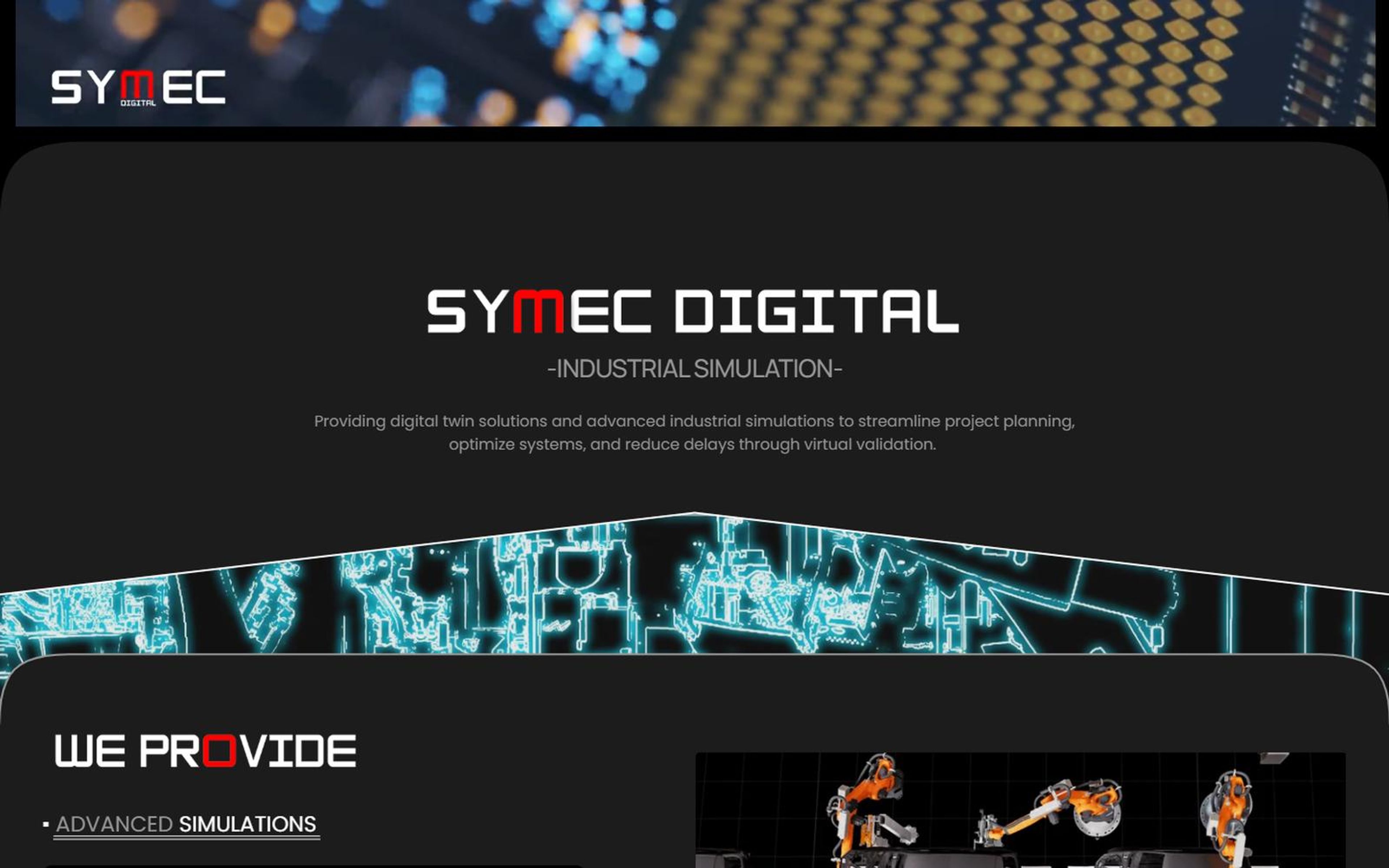 Home page introduction, the Symec Digital name with Industrial Simulation and the start of We Provide