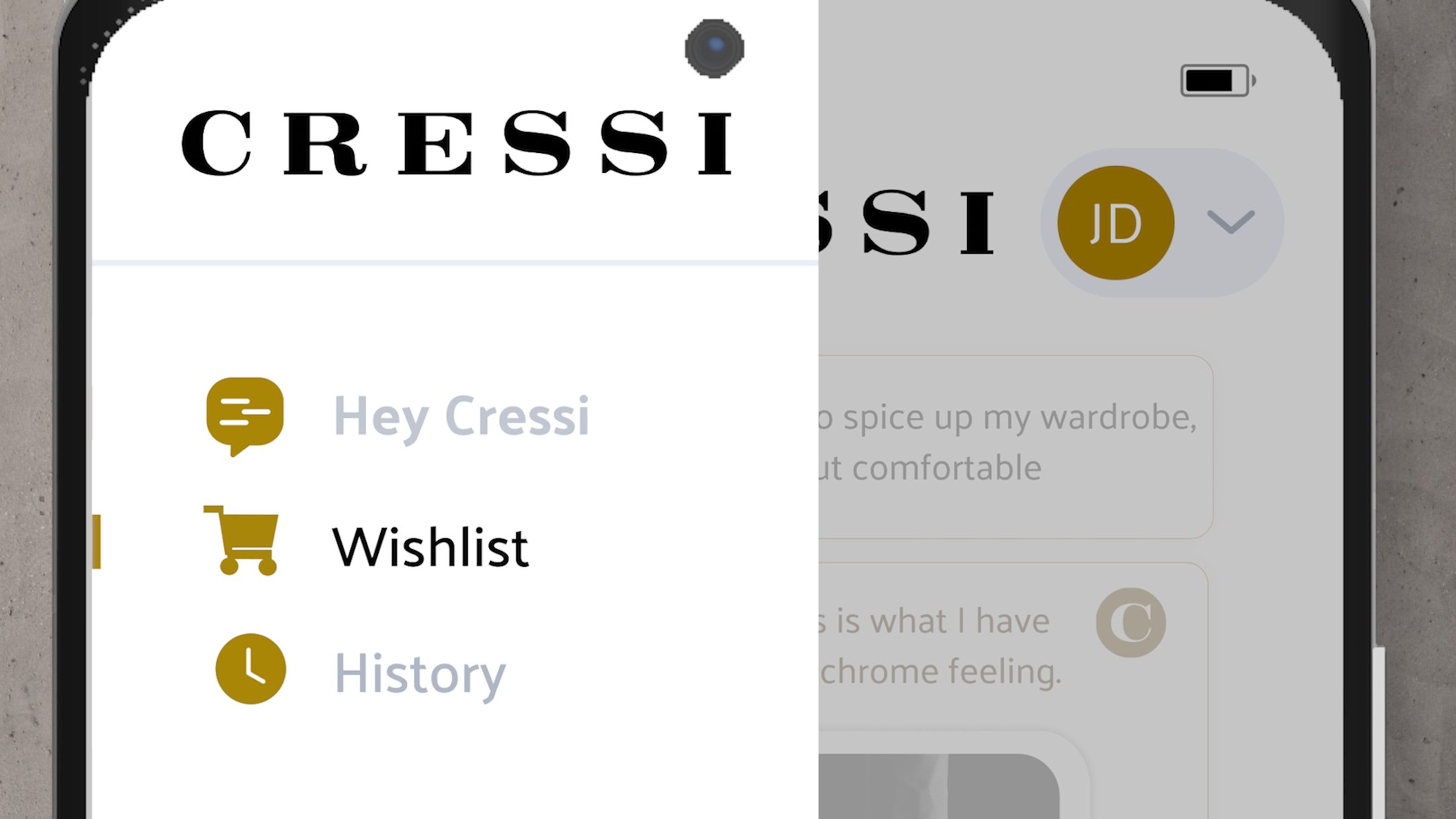 The CRESSI side menu with Wishlist highlighted