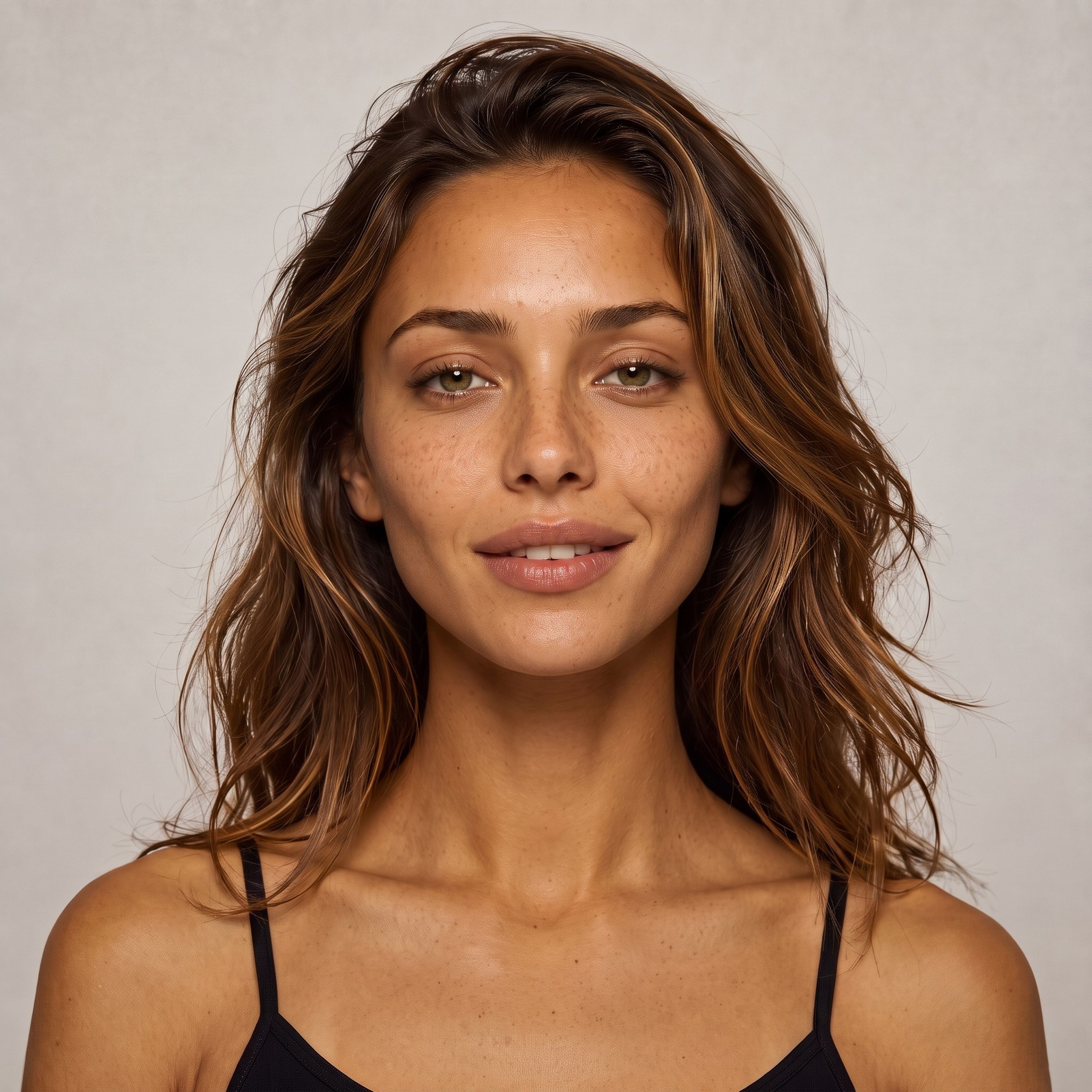 Front-facing close portrait of the Cressi character without sunglasses, warm olive complexion and wavy chestnut hair