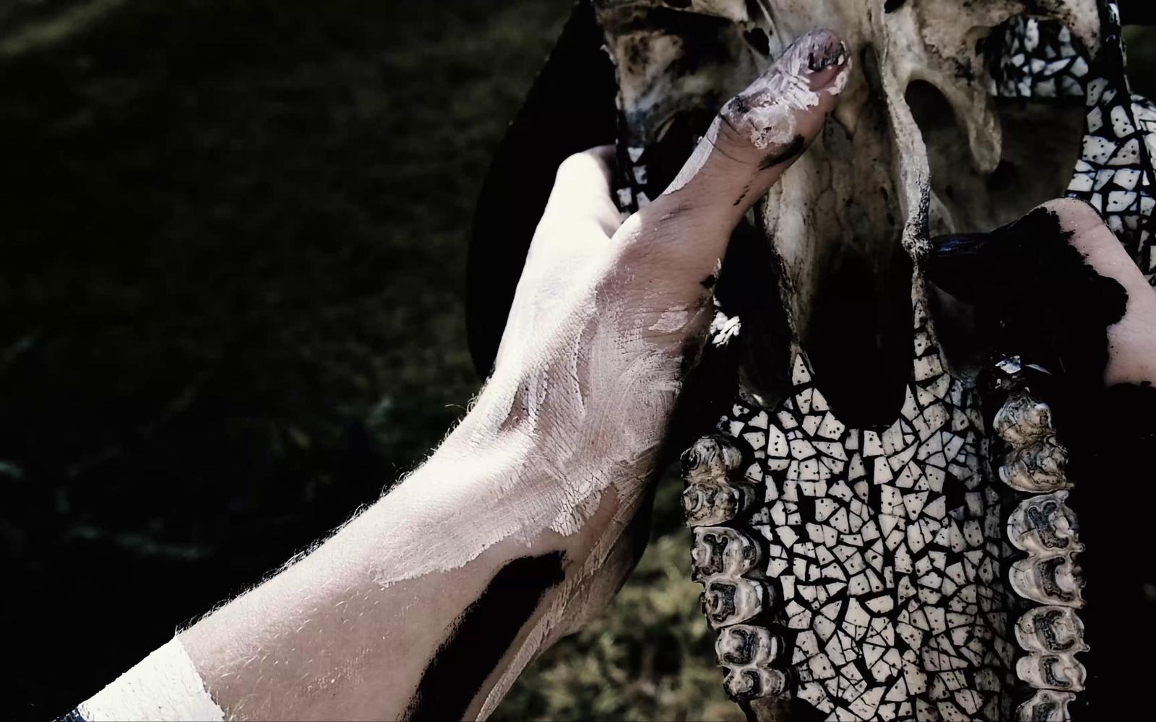 Hand touching a patterned hide hanging against a dark tree trunk