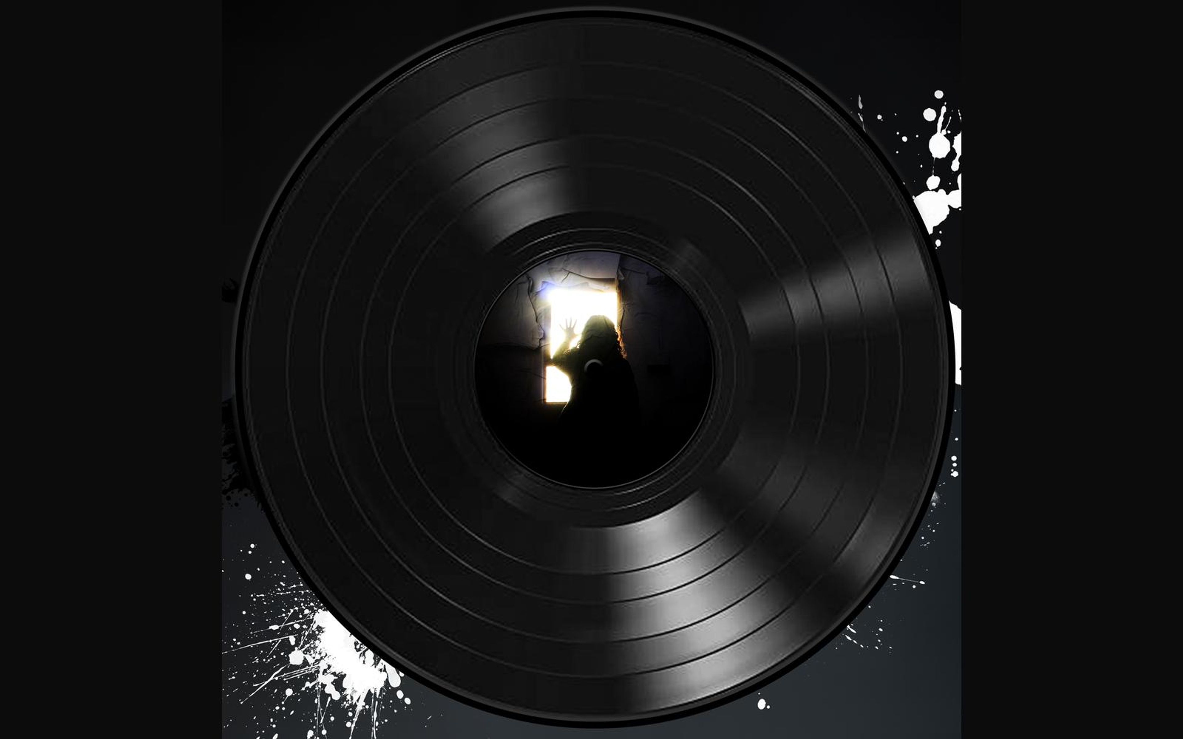 Vinyl record sleeve with a dark doorway and a lit silhouette on the centre label