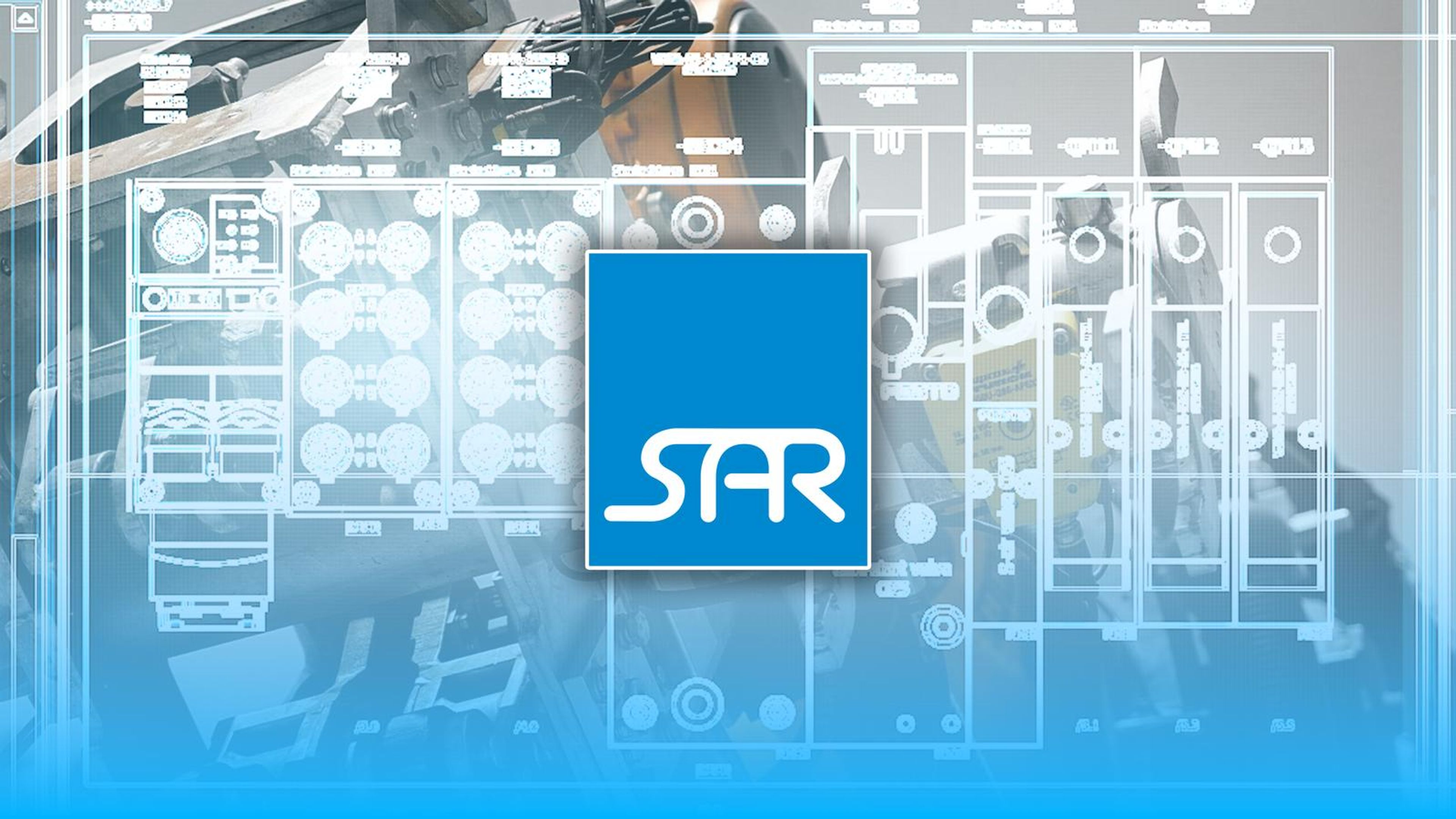 SAR logo on a blue tile over a pale technical backdrop of a control panel and machinery