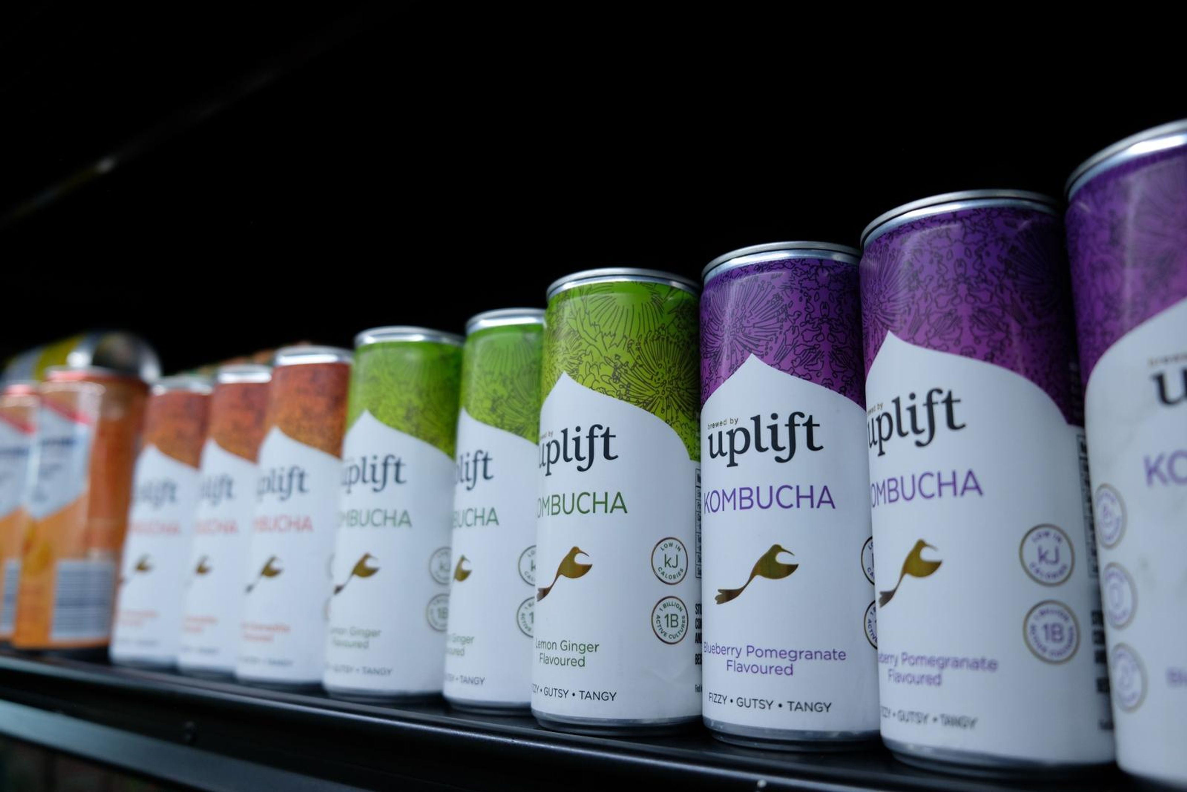 Uplift kombucha cans lined up on a shelf in several flavours