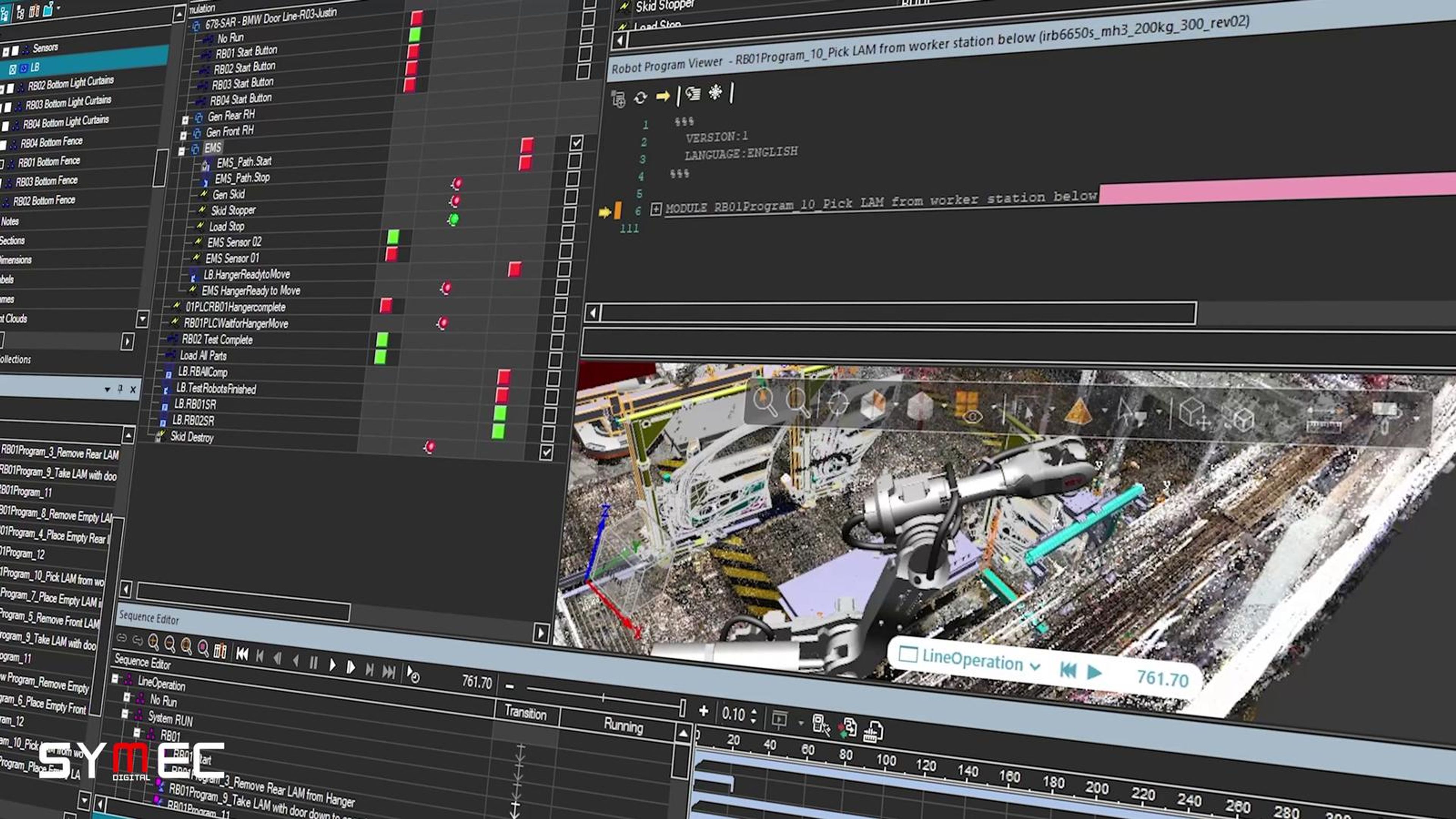 Simulation timeline beside a 3D plant model