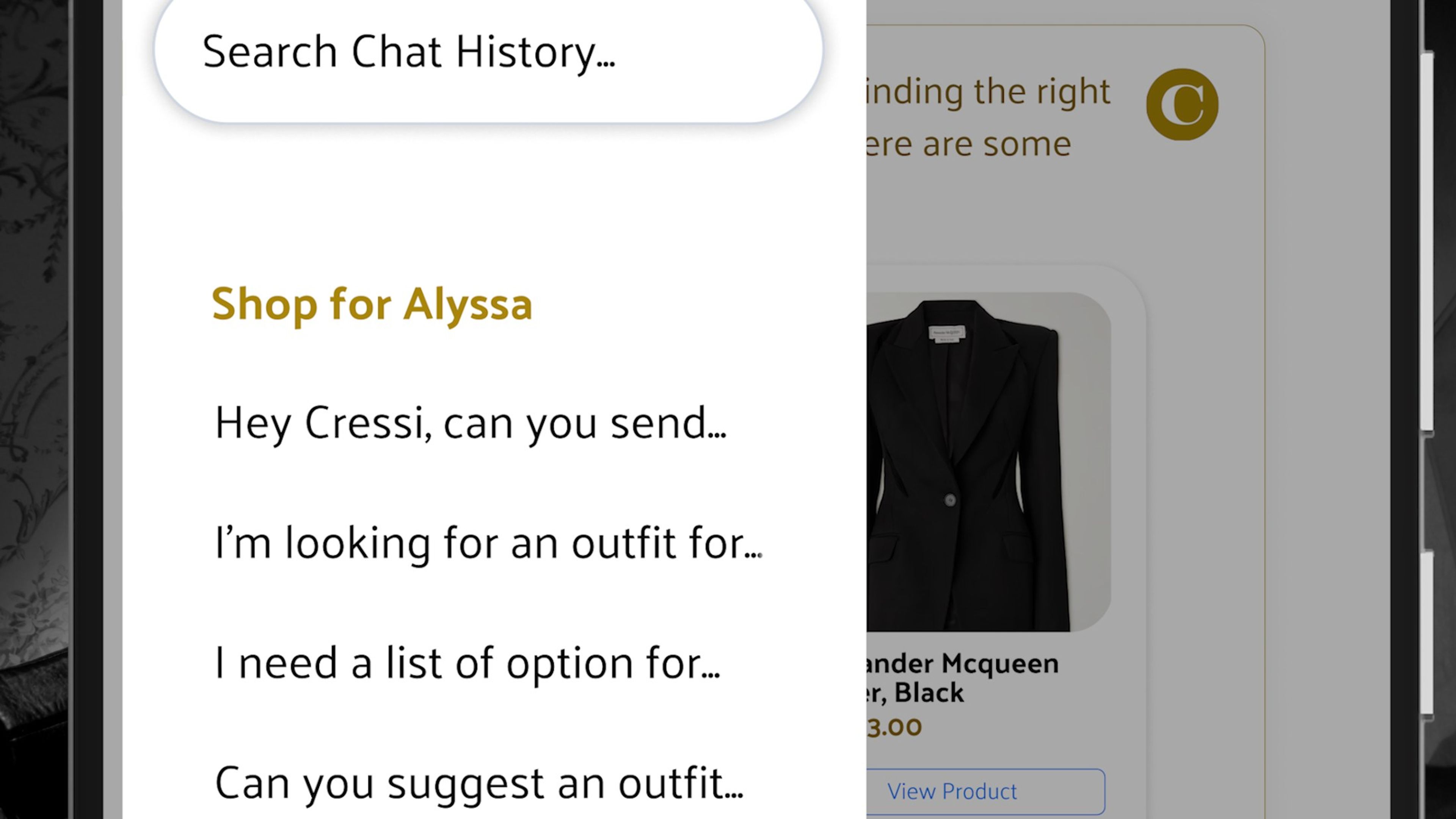 The CRESSI chat history list, headed 'Shop for Alyssa'