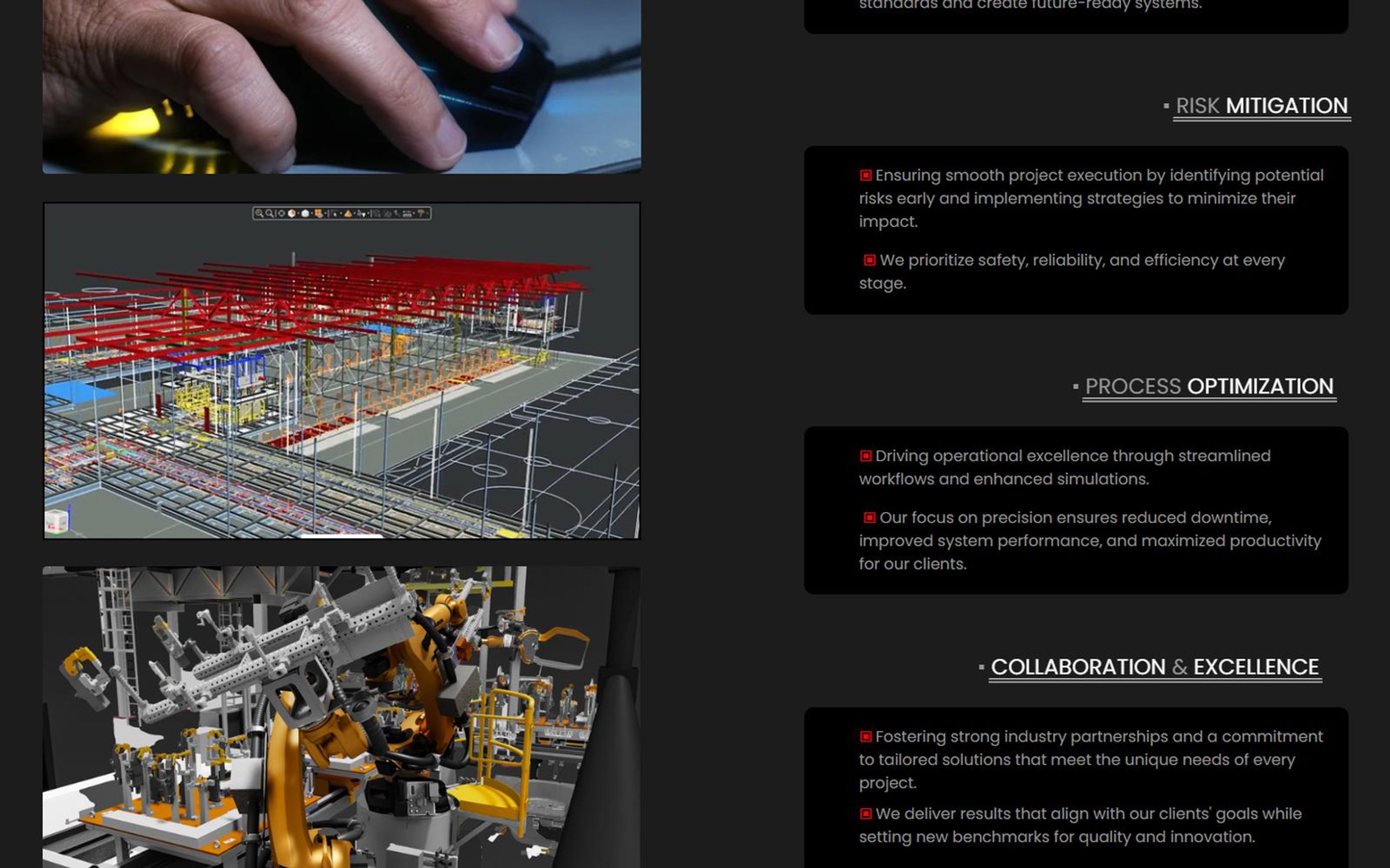 Home page Our Focus section with the simulation images and the remaining focus areas