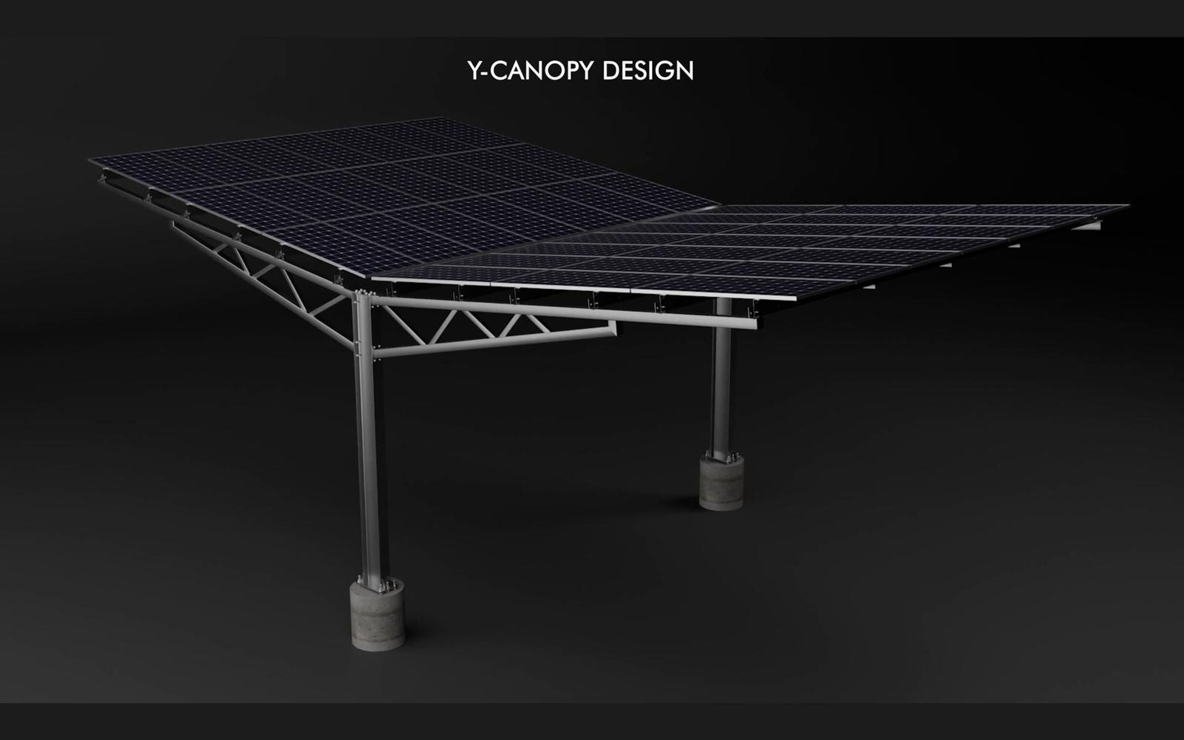 Y-canopy design title over a carport with a solar roof