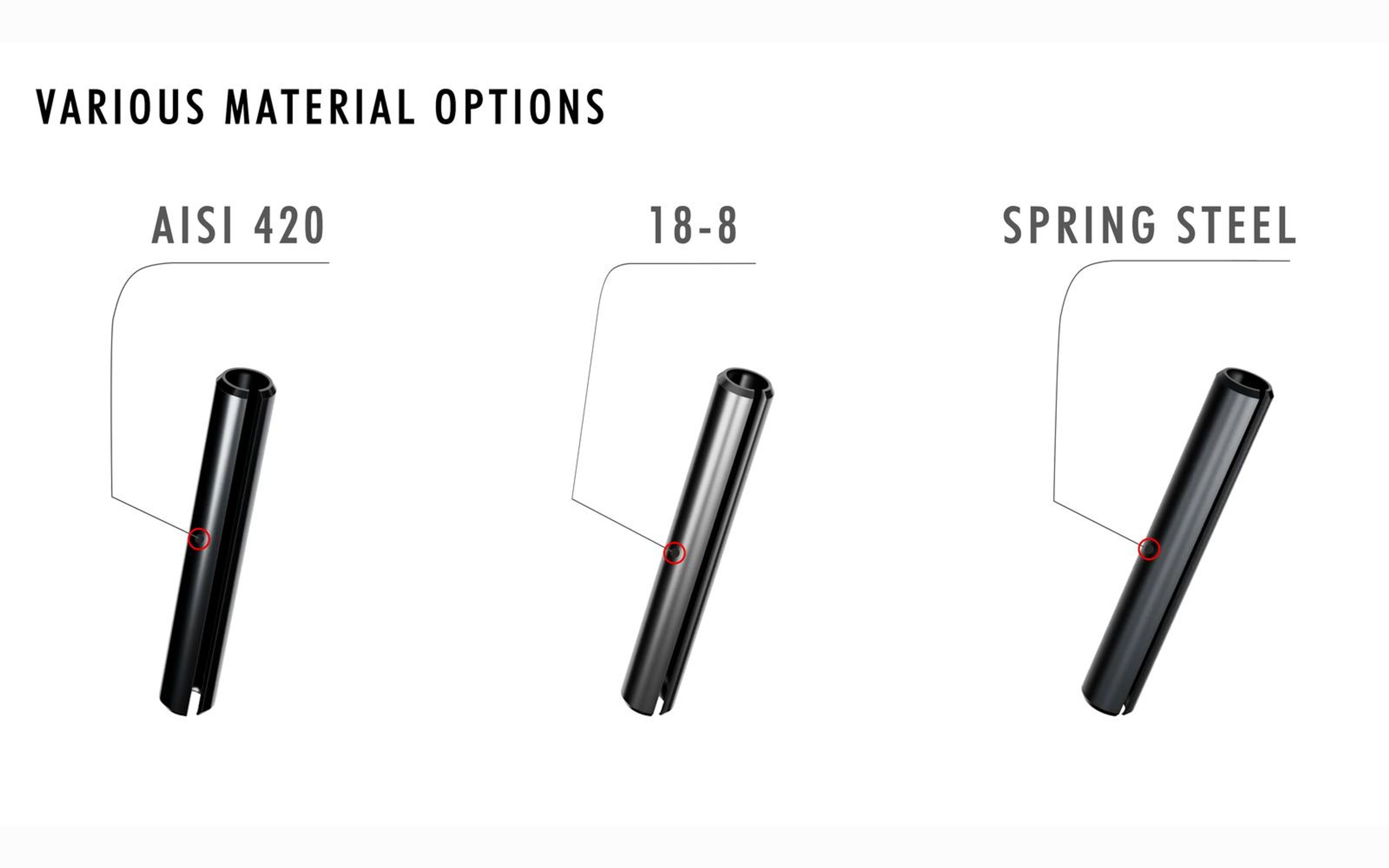 Three roll pins in AISI 420, 18-8 and spring steel with labels