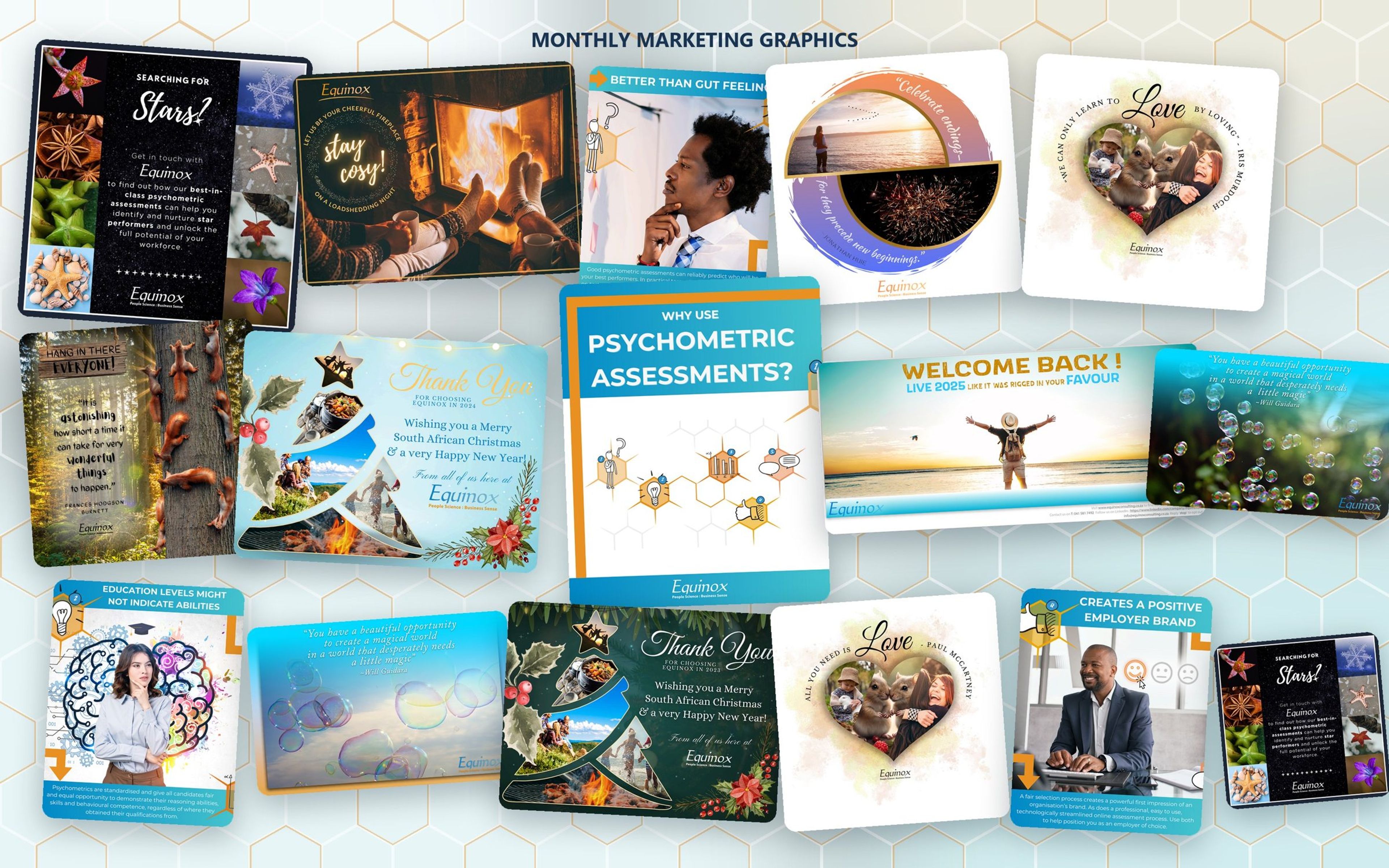 Collage of Equinox marketing graphics: psychometric carousel cover, campaign posts, festive greetings and quote designs
