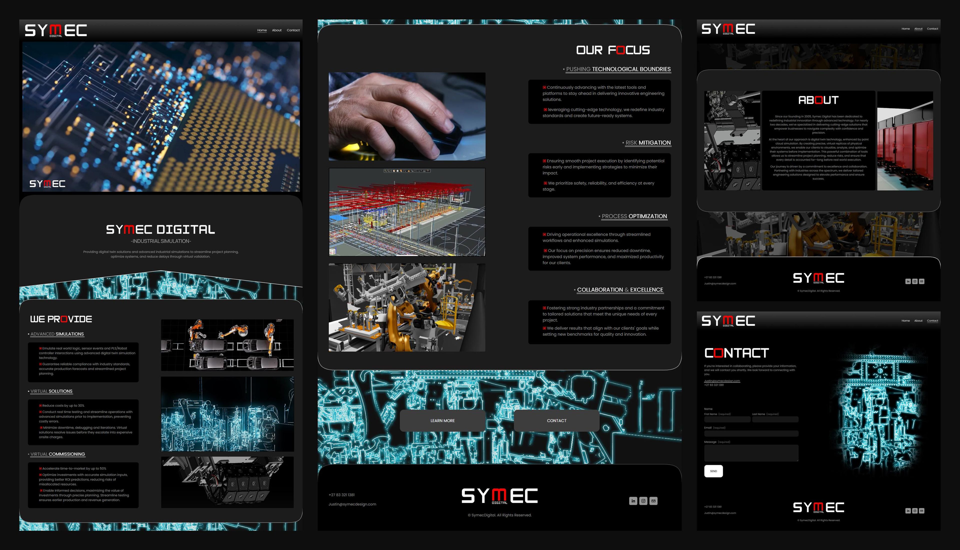 Symec Digital new website, full page view of the Home, About and Contact pages side by side