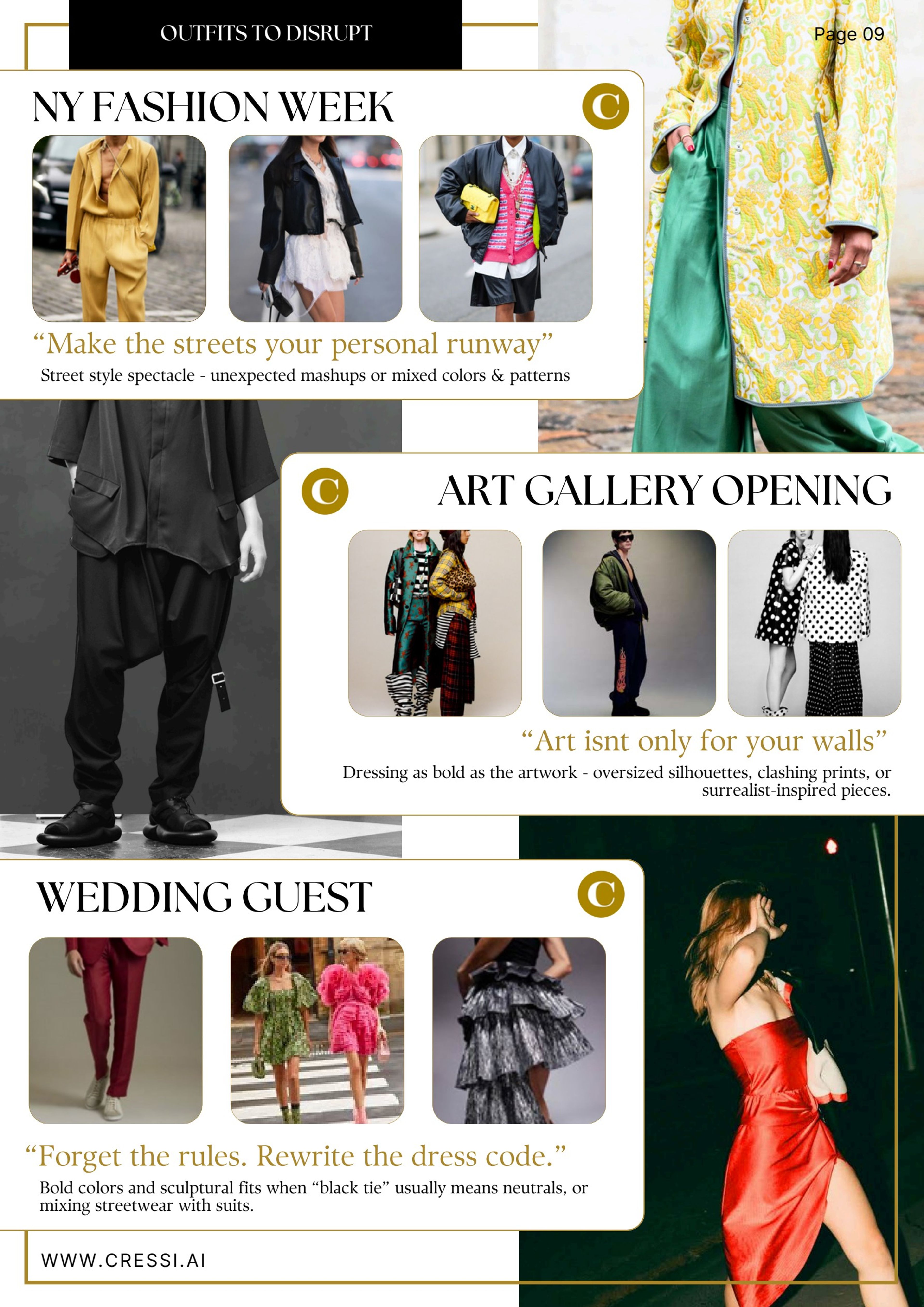Page 9, 'Outfits to disrupt', with looks for New York Fashion Week, an art gallery opening and a wedding guest